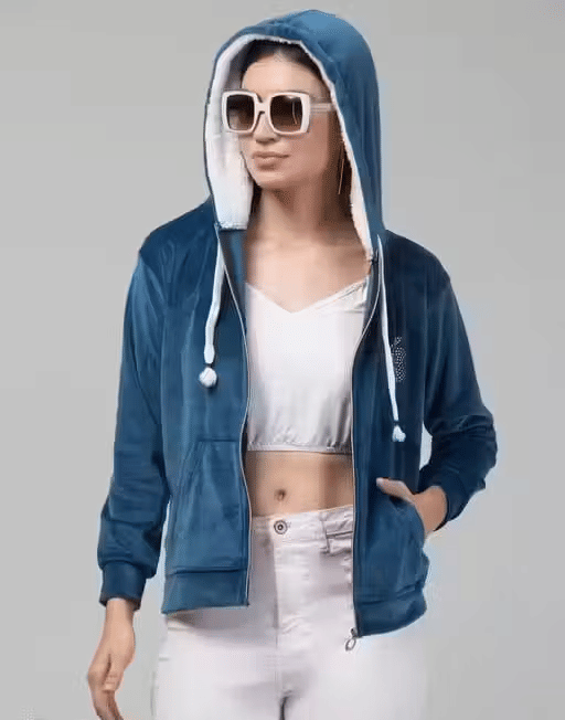     			one amore Women Velvet Hooded Sweatshirt For Light Winters ( Blue )