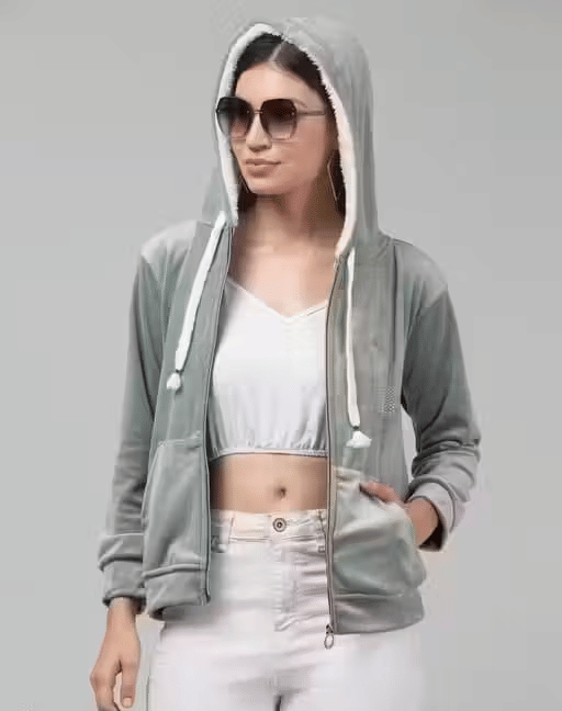     			one amore Women Velvet Hooded Sweatshirt For Light Winters ( Grey )