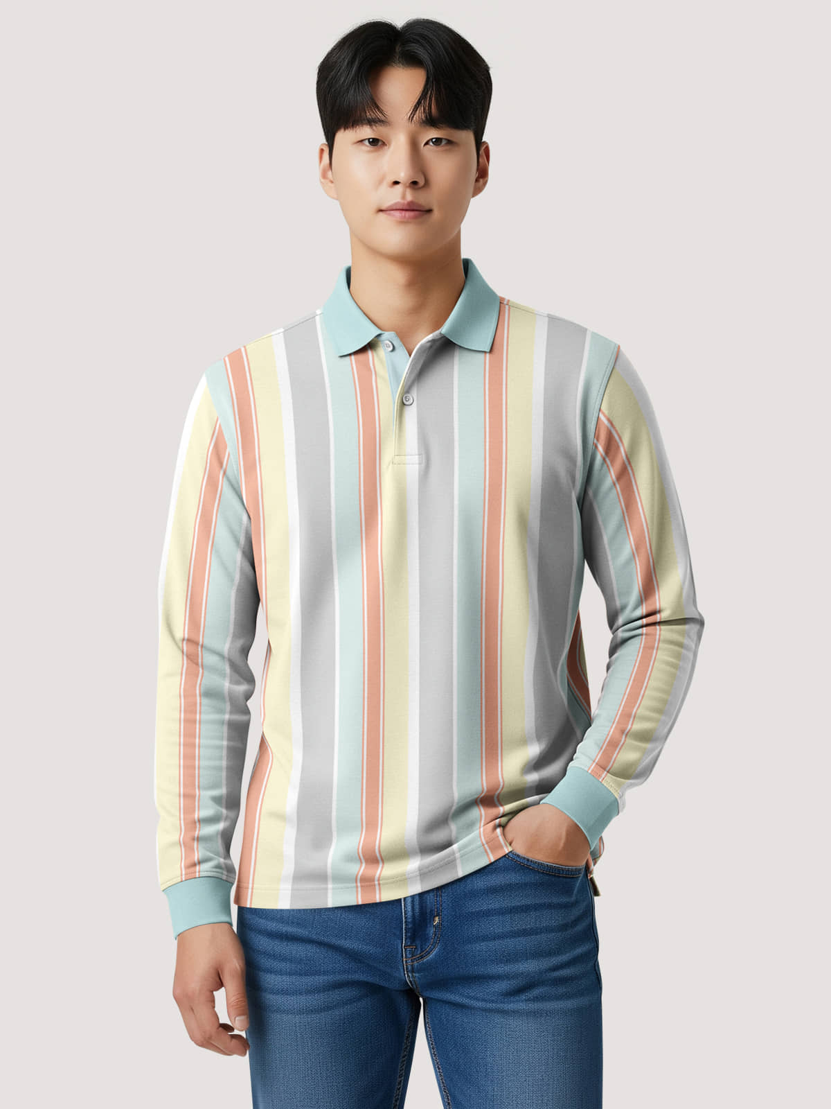 BULLMER Men Cotton Blend Regular Fit Striped Polo T Shirt ( Mint Green )