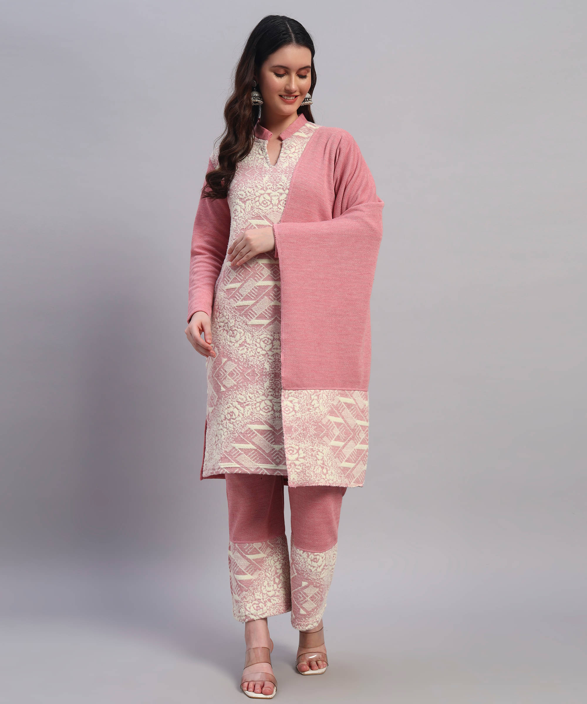     			GRAND MALBORK Women Woollen Printed A-line Kurti With Pants ( Pink )