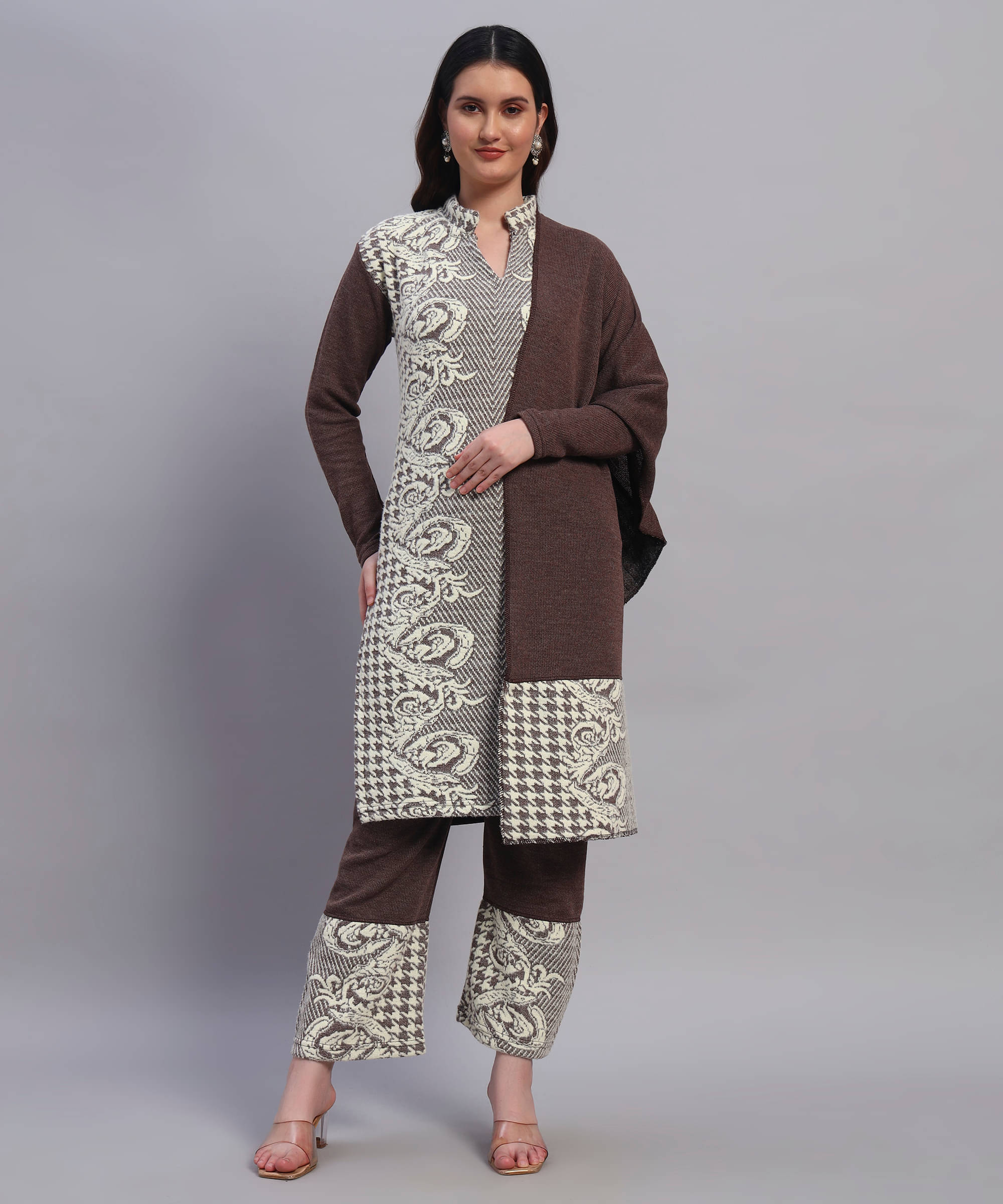     			GRAND MALBORK Women Woollen Printed A-line Kurti With Pants ( Brown )