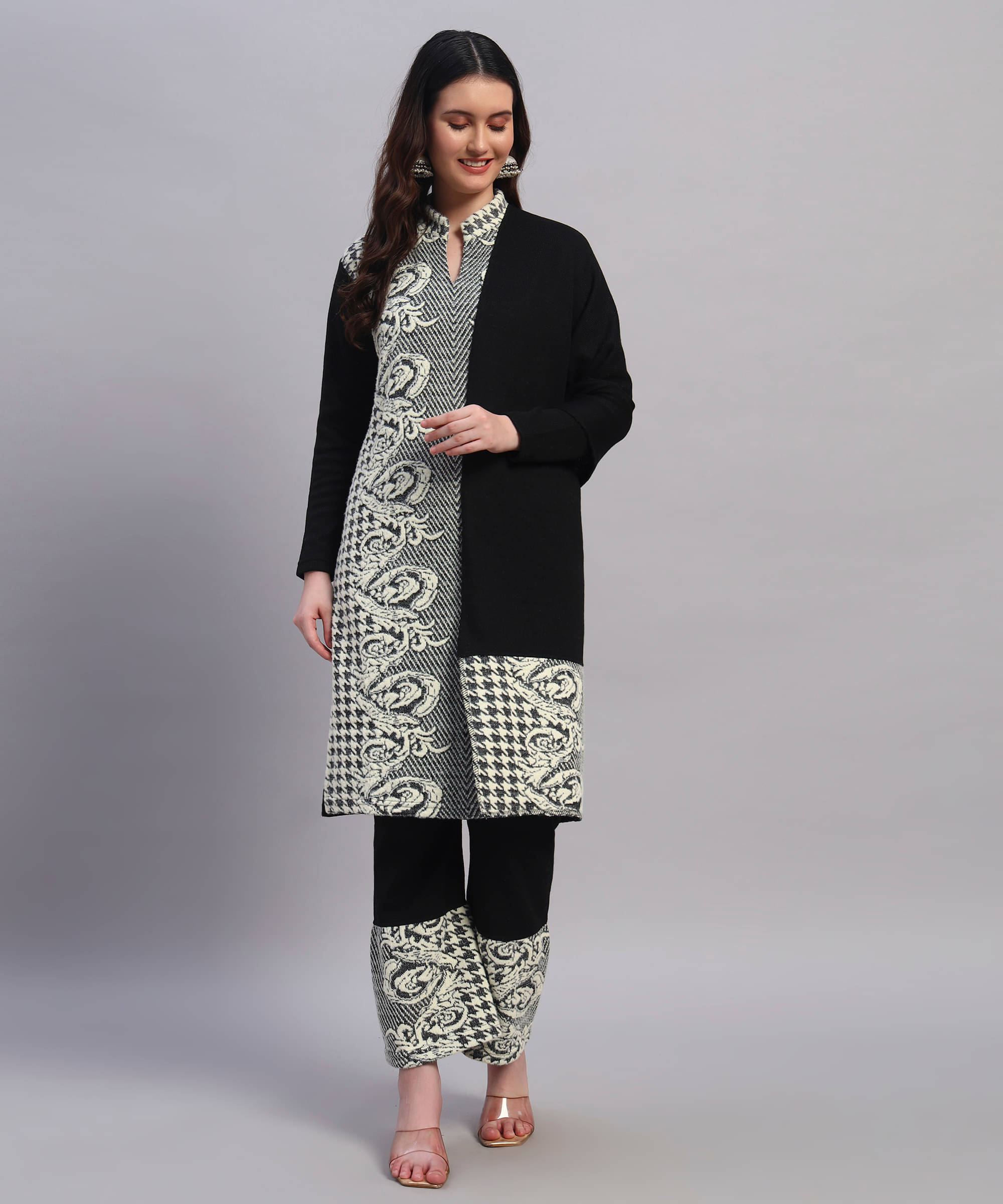 GRAND MALBORK Women Woollen Printed A-line Kurti With Pants ( Black ) GRAND MALBORK Women Woollen Printed A-line Kurti With Pants ( Black )