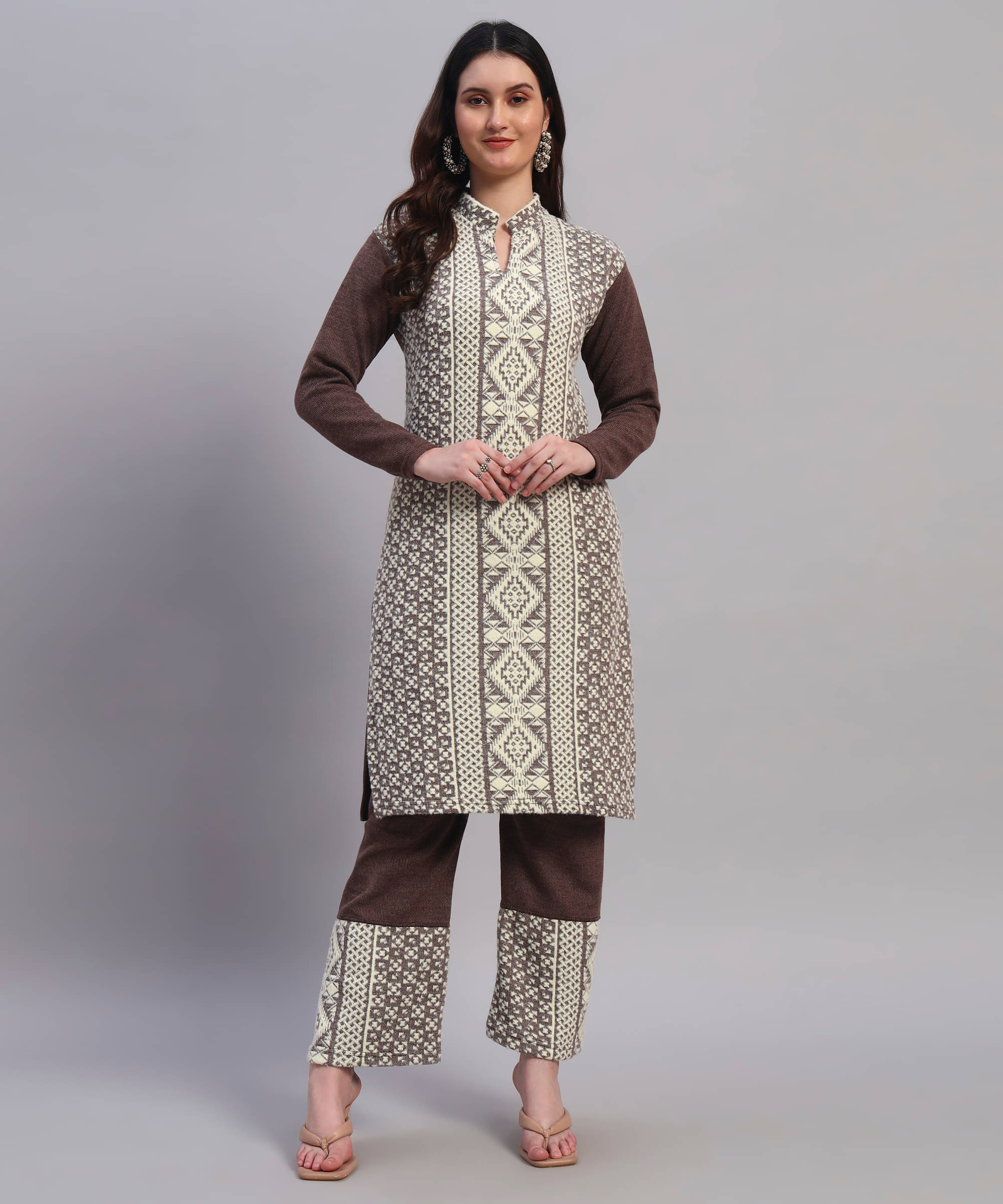     			GRAND MALBORK Women Woollen Printed A-line Kurti With Pants ( Brown )
