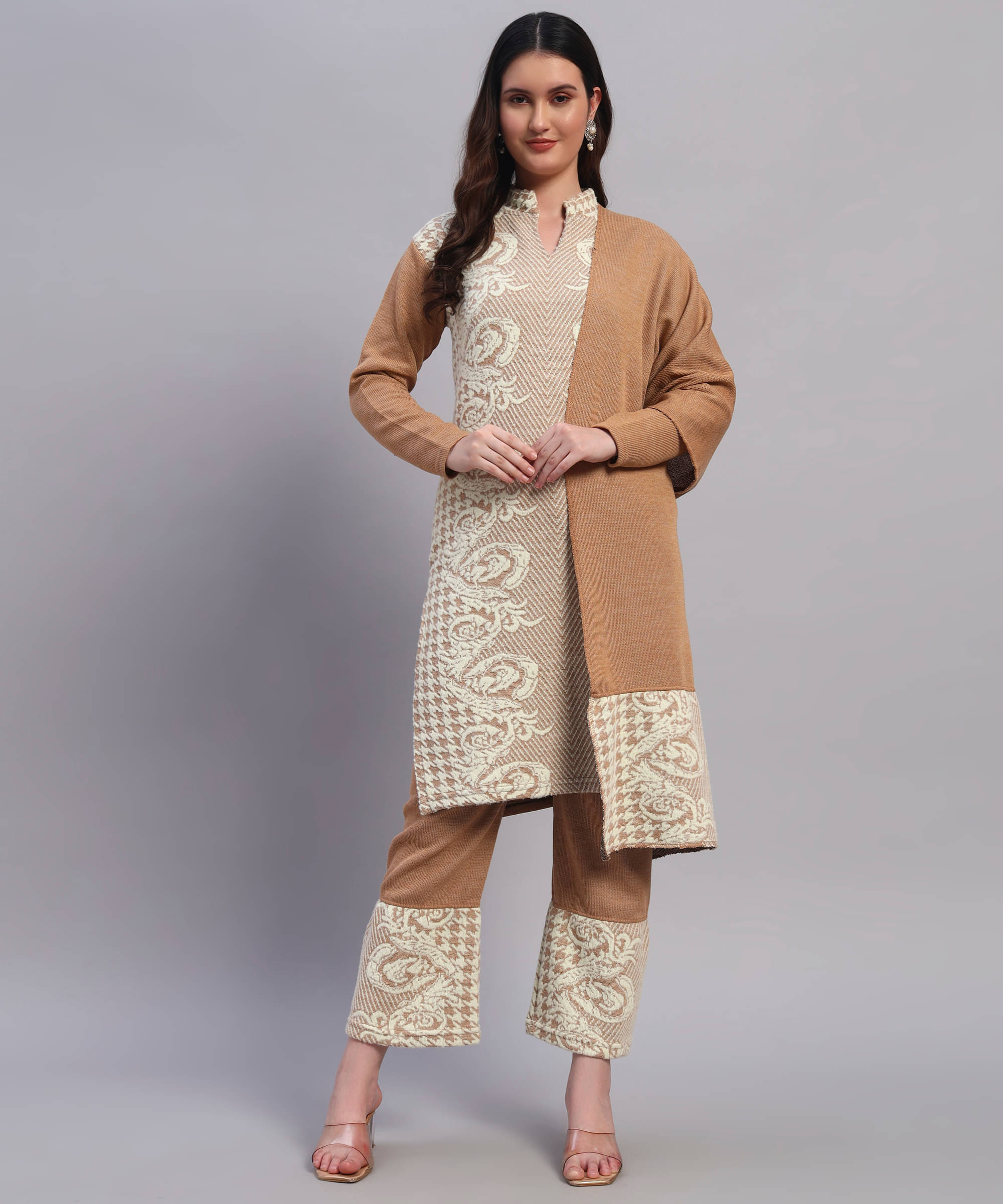     			GRAND MALBORK Women Woollen Printed A-line Kurti With Pants ( Beige )