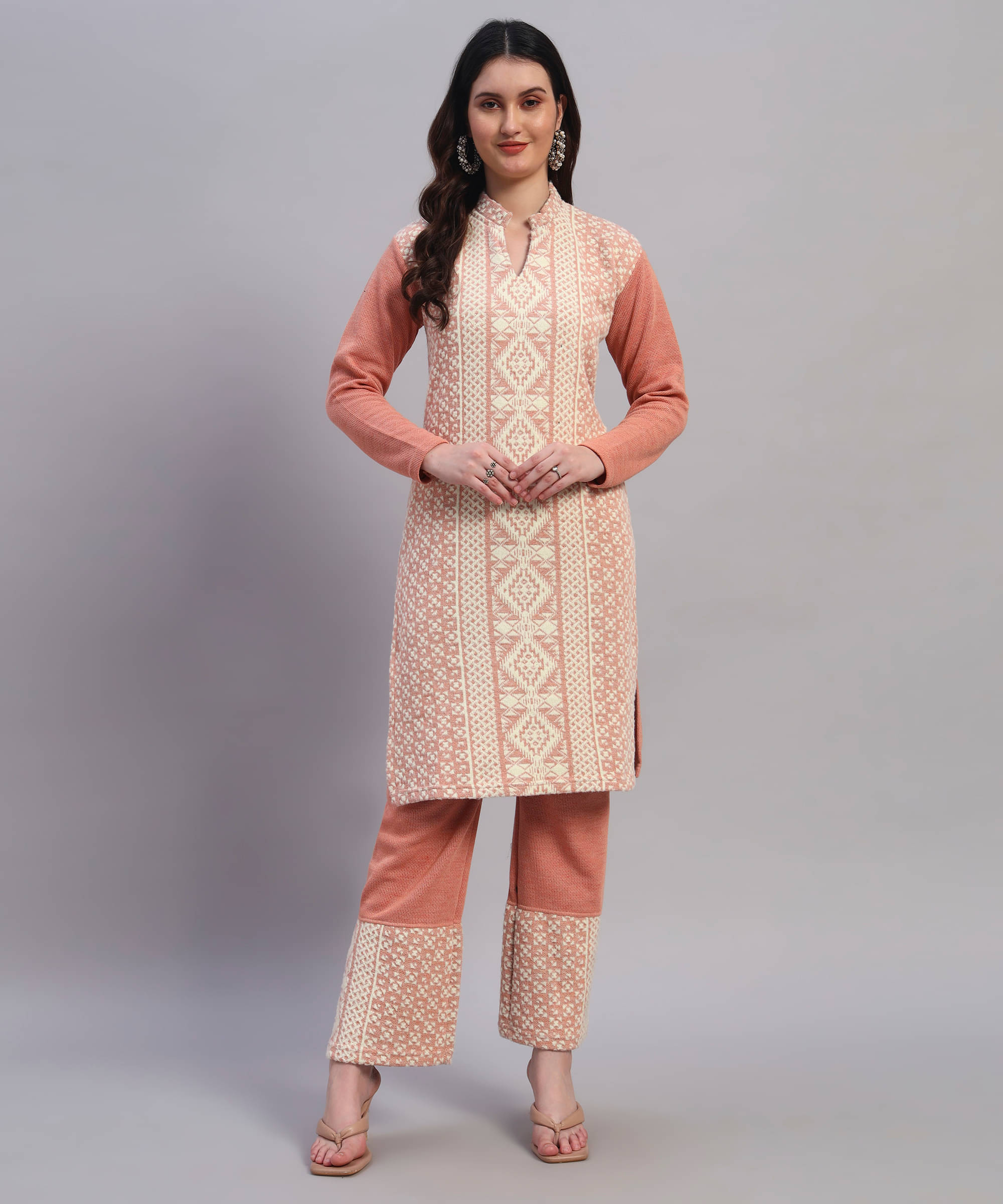     			GRAND MALBORK Women Woollen Printed A-line Kurti With Pants ( Pink )