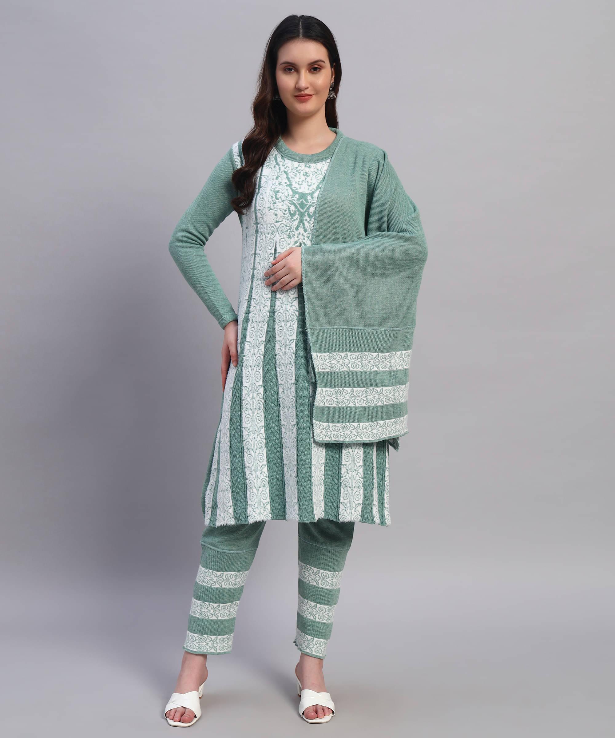     			GRAND MALBORK Women Woollen Printed A-line Kurti With Pants ( Light Green )