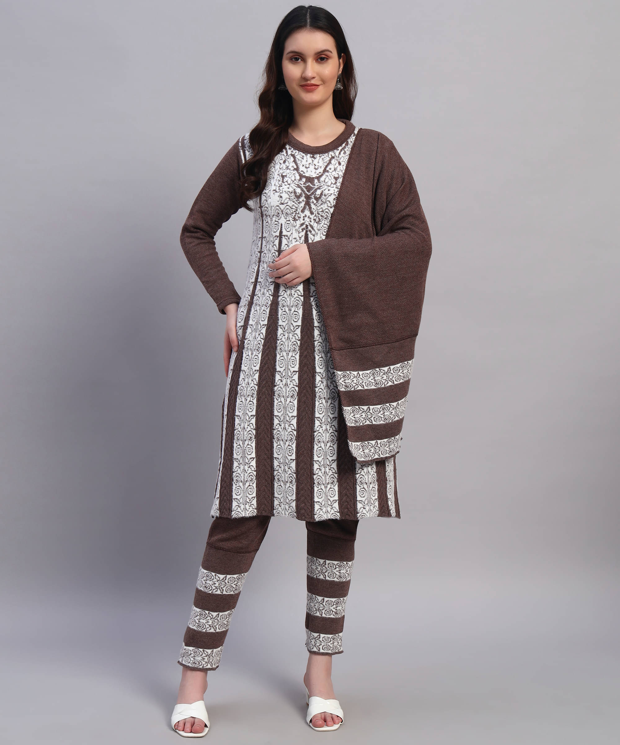     			GRAND MALBORK Women Woollen Printed A-line Kurti With Pants ( Brown )