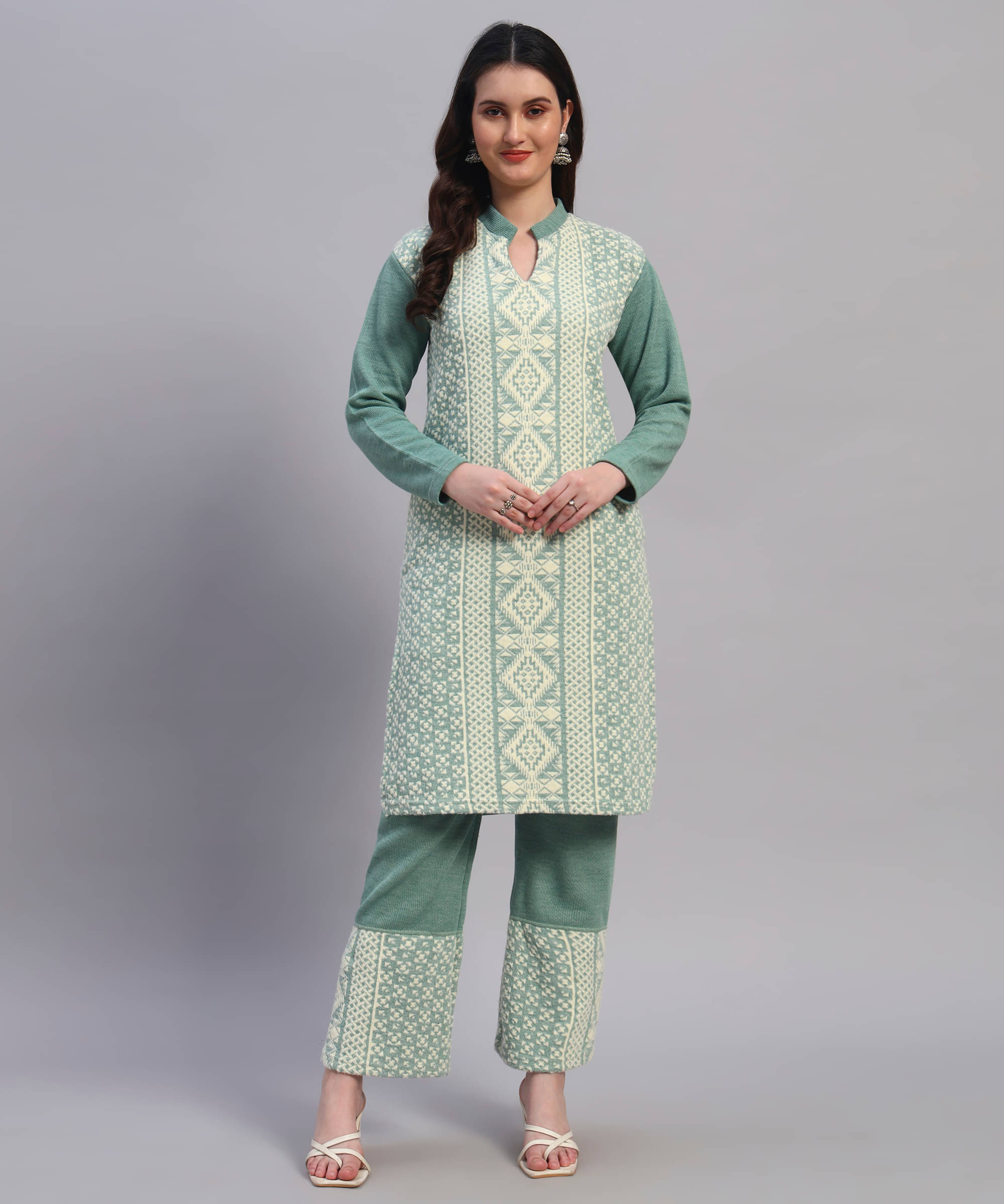     			GRAND MALBORK Women Woollen Printed A-line Kurti With Pants ( Light Green )
