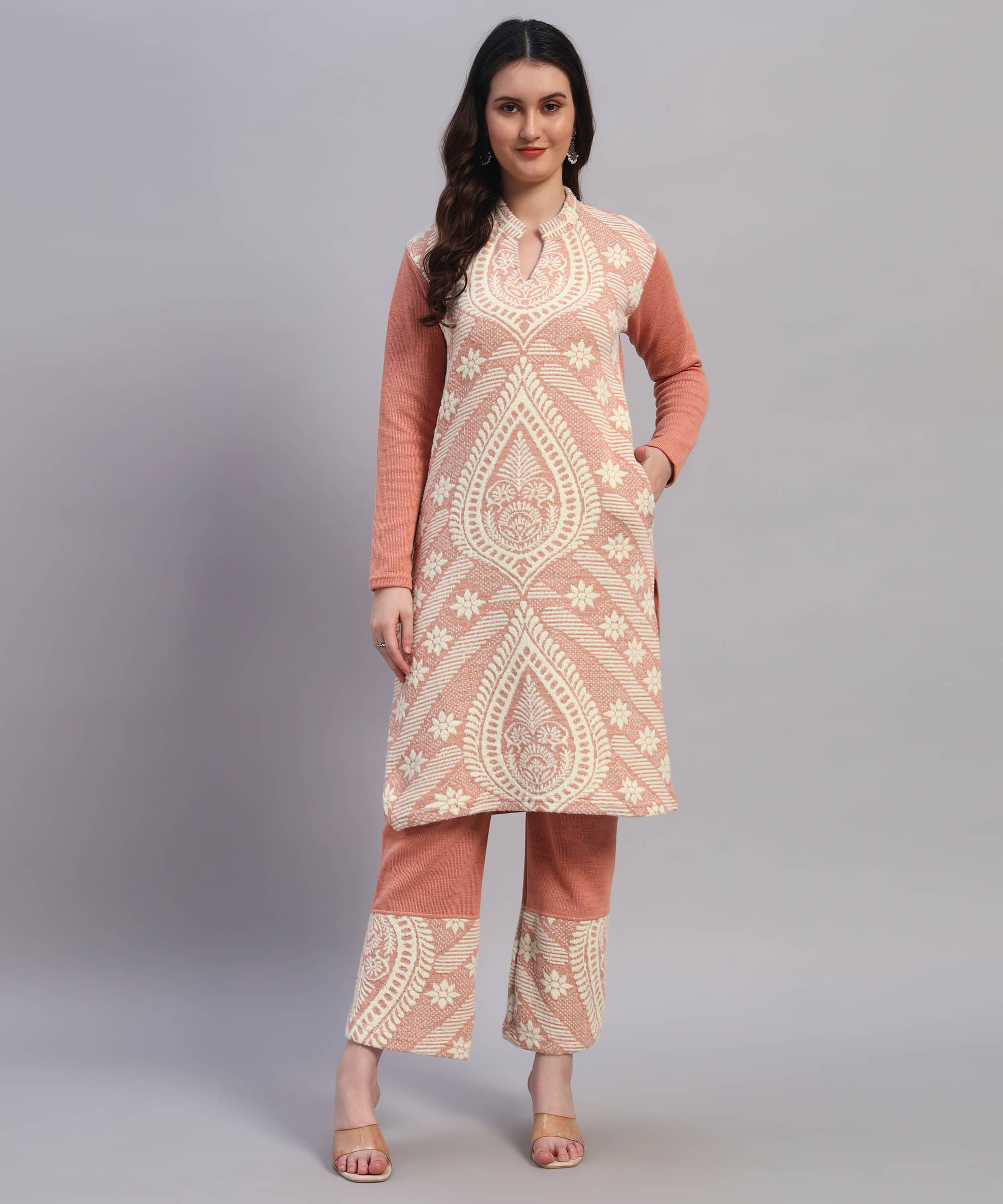     			GRAND MALBORK Women Woollen Printed A-line Kurti With Pants ( Pink )