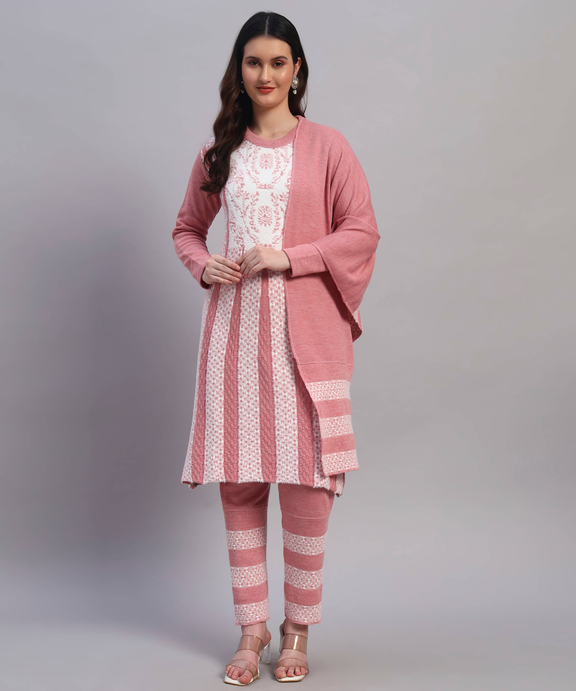 GRAND MALBORK Women Woollen Printed A-line Kurti With Pants ( Pink ) GRAND MALBORK Women Woollen Printed A-line Kurti With Pants ( Pink )