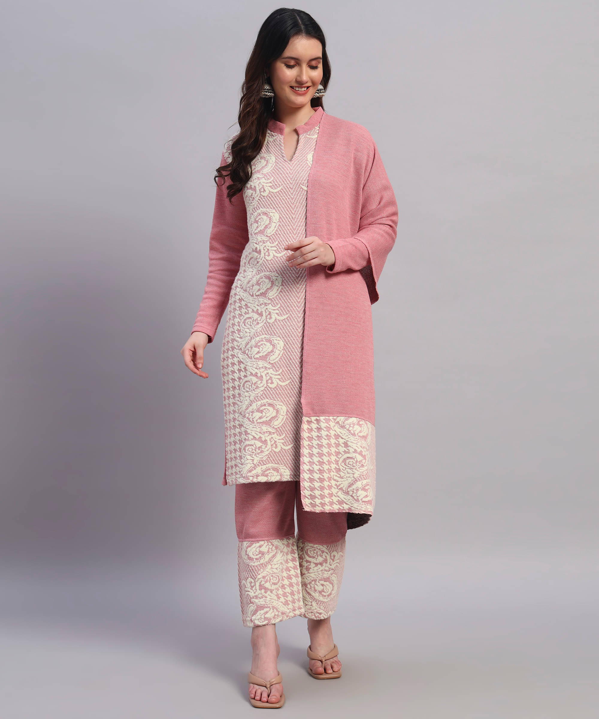     			GRAND MALBORK Women Woollen Printed A-line Kurti With Pants ( Pink )