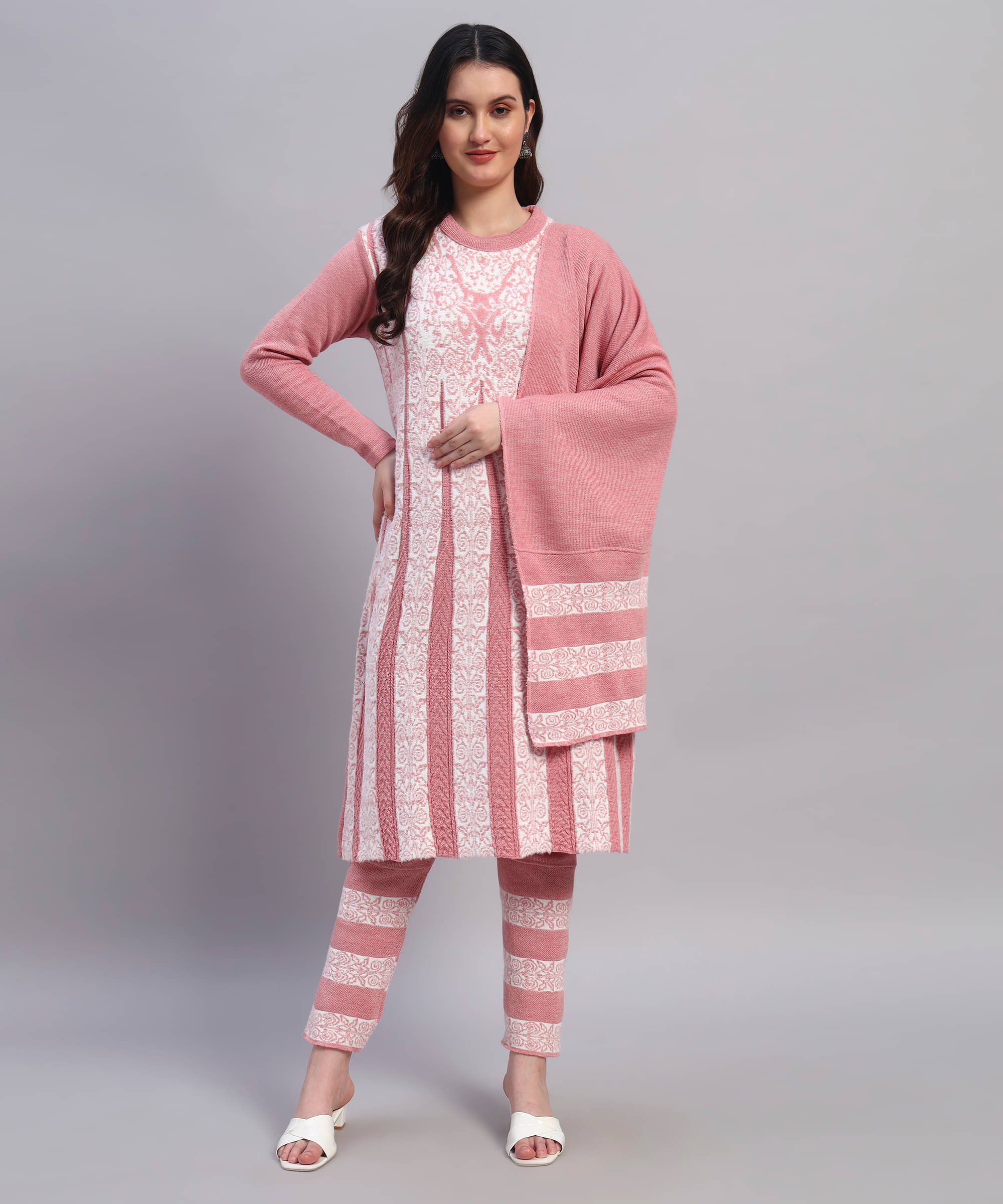     			GRAND MALBORK Women Woollen Printed A-line Kurti With Pants ( Pink )