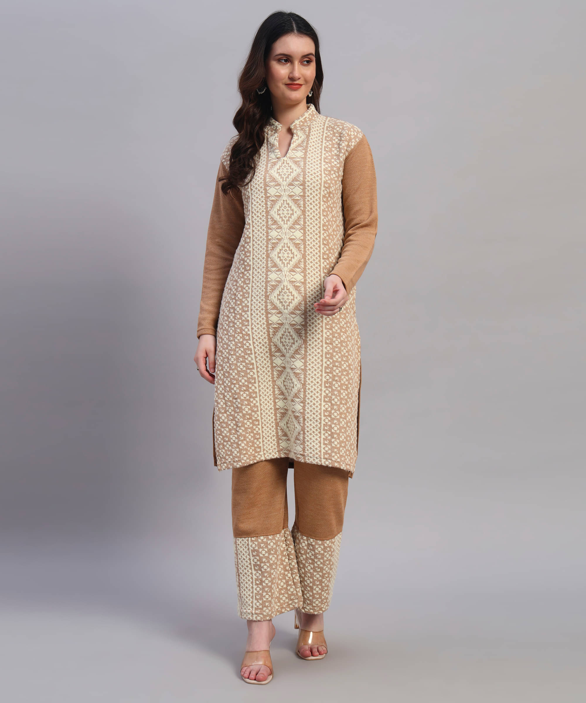     			GRAND MALBORK Women Woollen Printed A-line Kurti With Pants ( Beige )