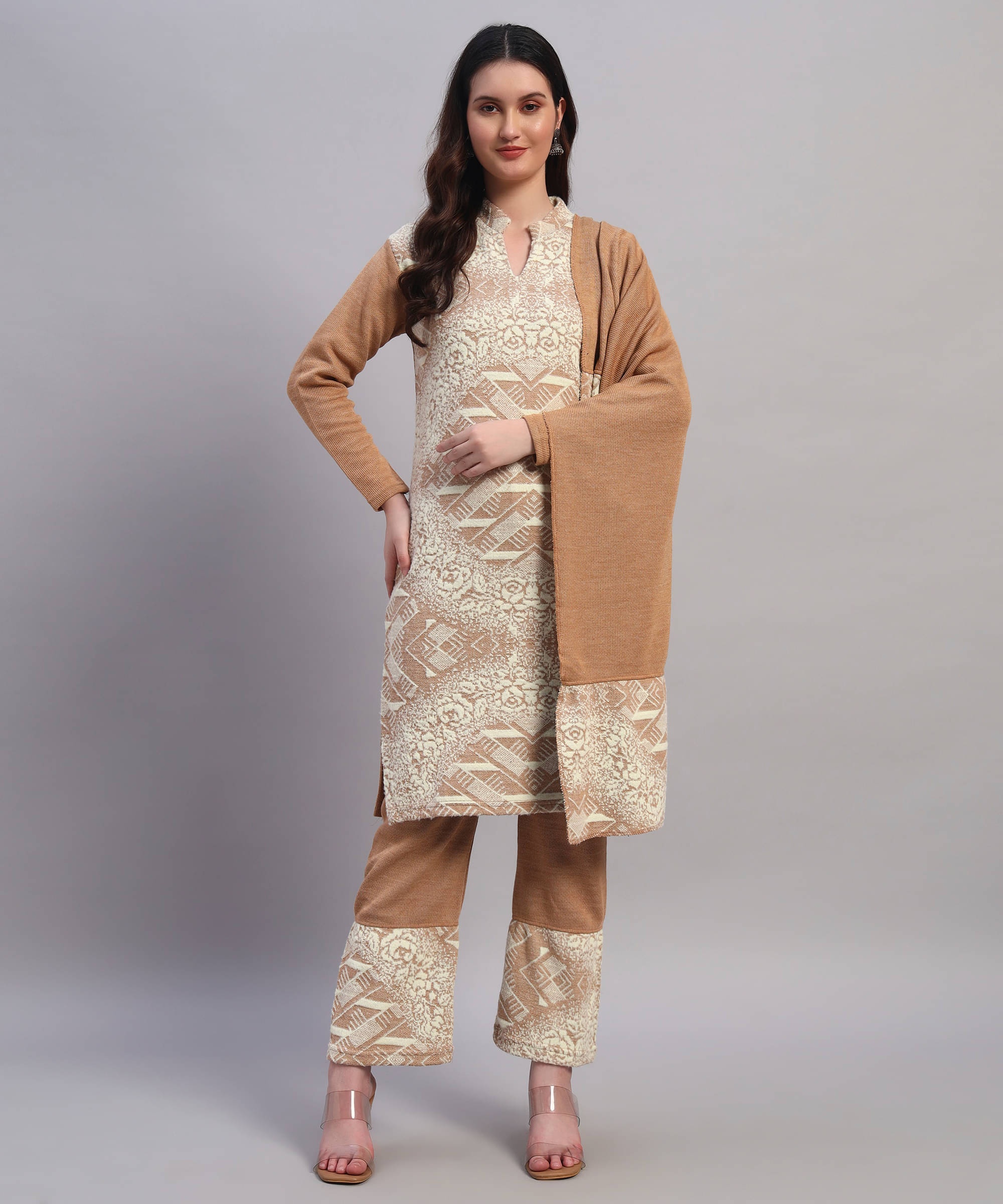     			GRAND MALBORK Women Woollen Printed A-line Kurti With Pants ( Beige )
