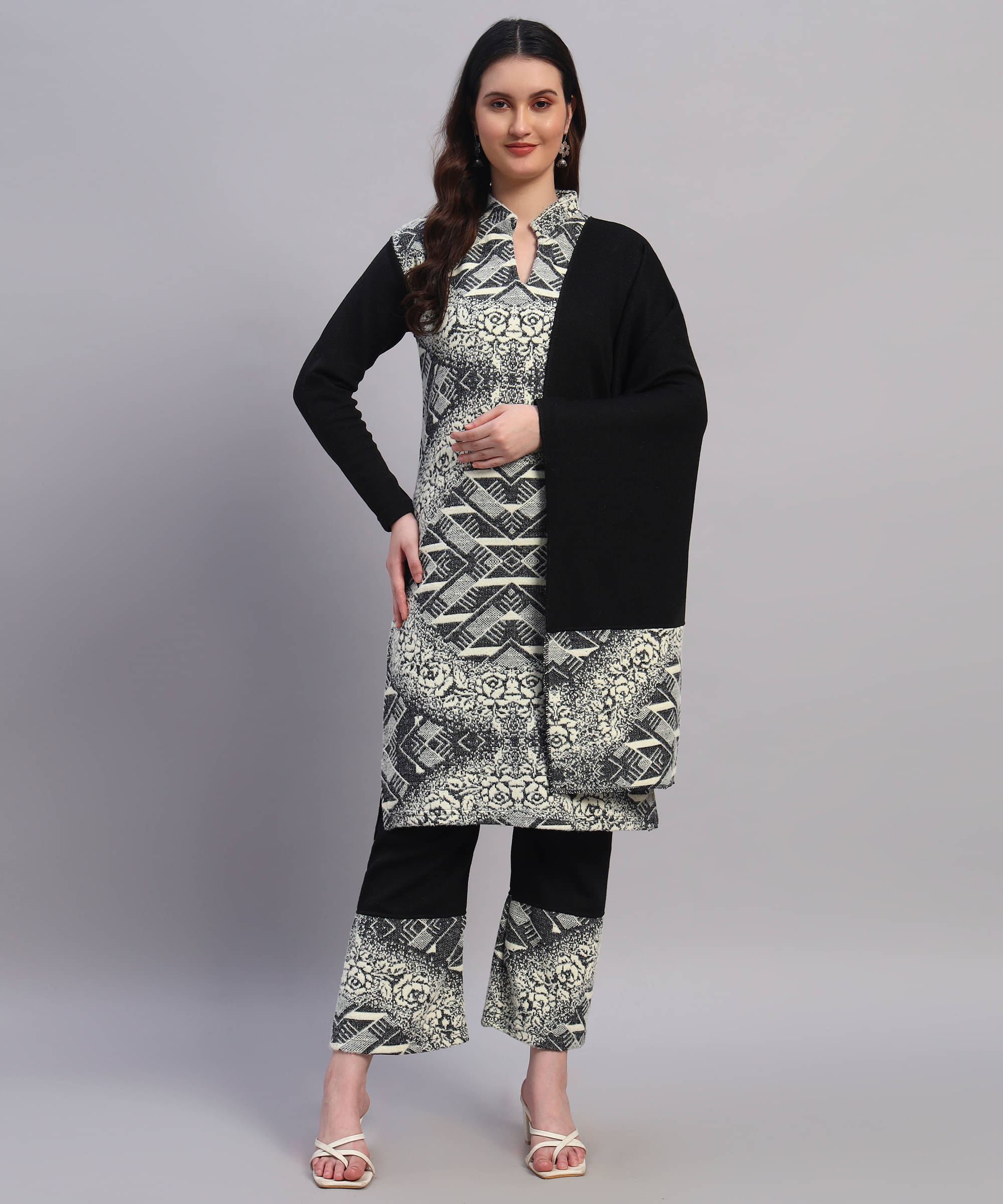 GRAND MALBORK Women Woollen Printed A-line Kurti With Pants ( Black ) GRAND MALBORK Women Woollen Printed A-line Kurti With Pants ( Black )