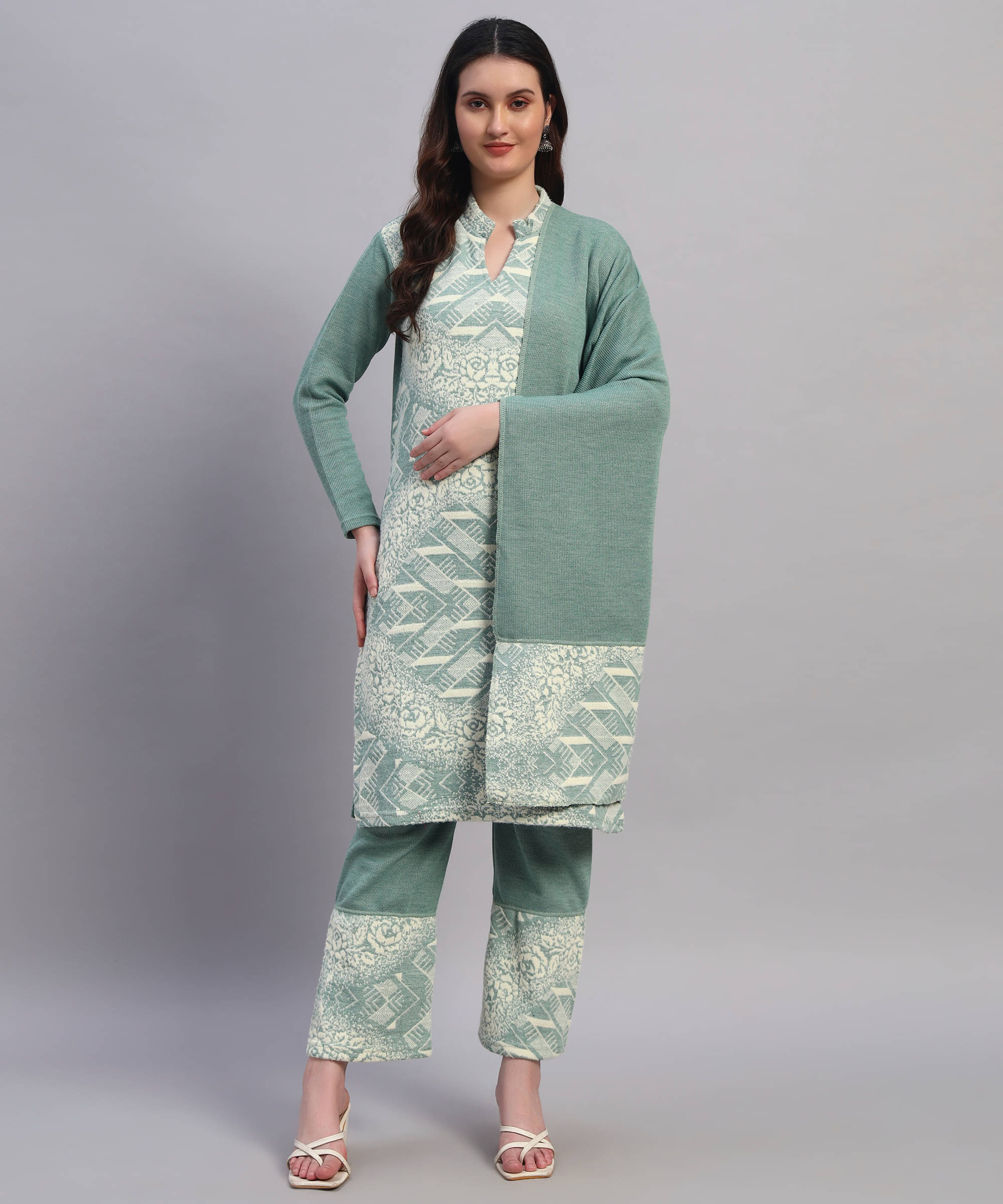     			GRAND MALBORK Women Woollen Printed A-line Kurti With Pants ( Light Green )