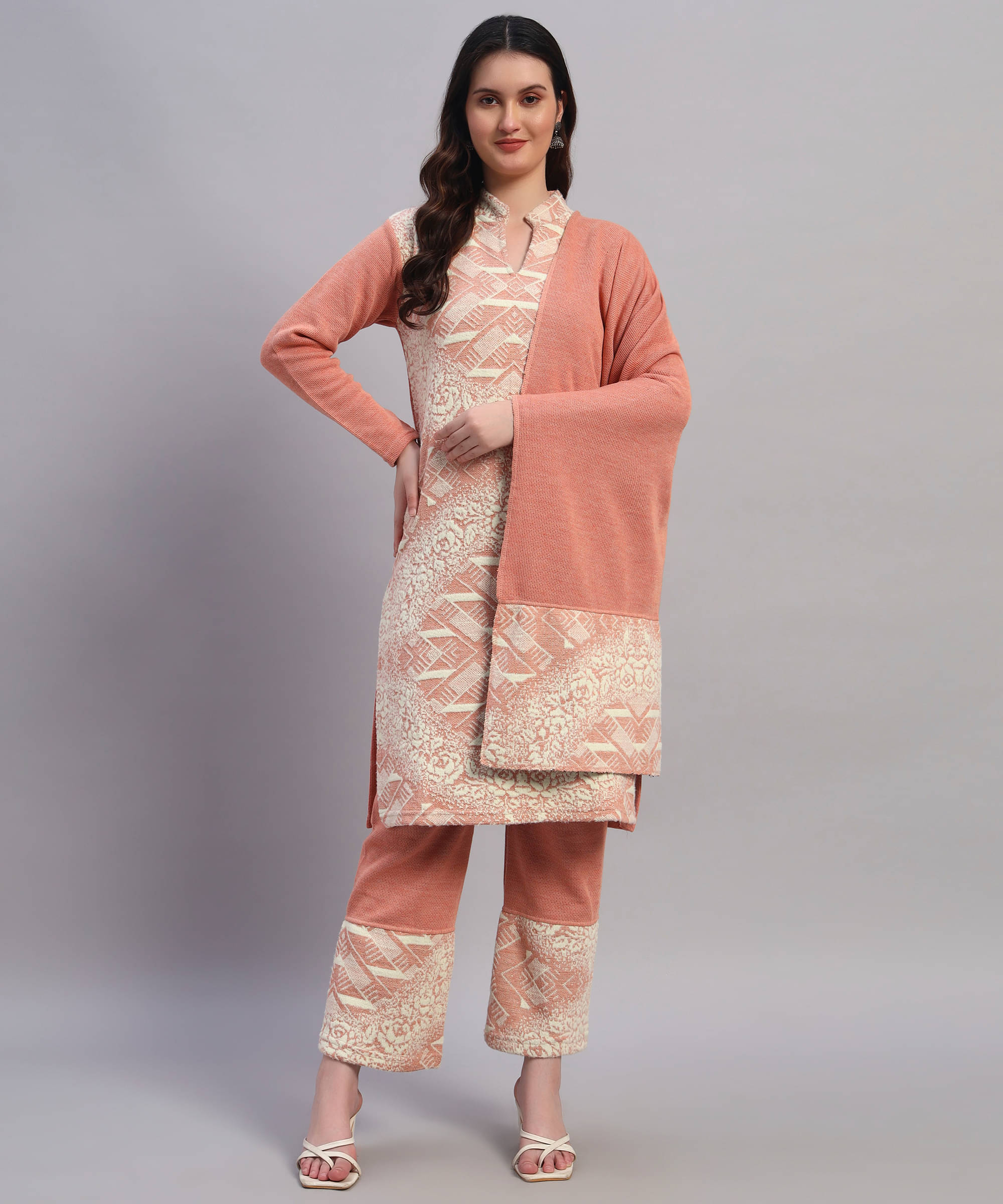     			GRAND MALBORK Women Woollen Printed A-line Kurti With Pants ( Pink )