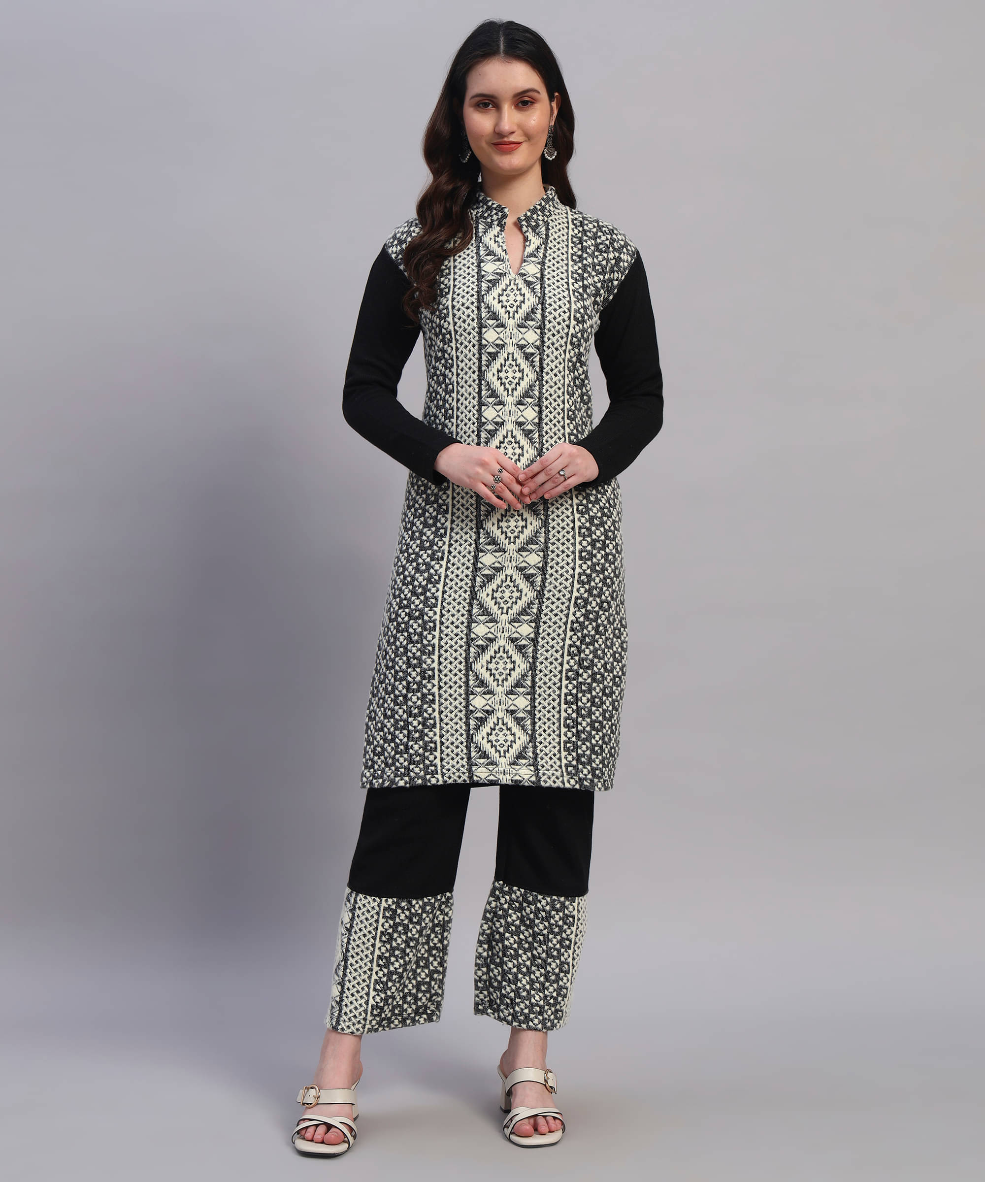     			GRAND MALBORK Women Woollen Printed A-line Kurti With Pants ( Black )