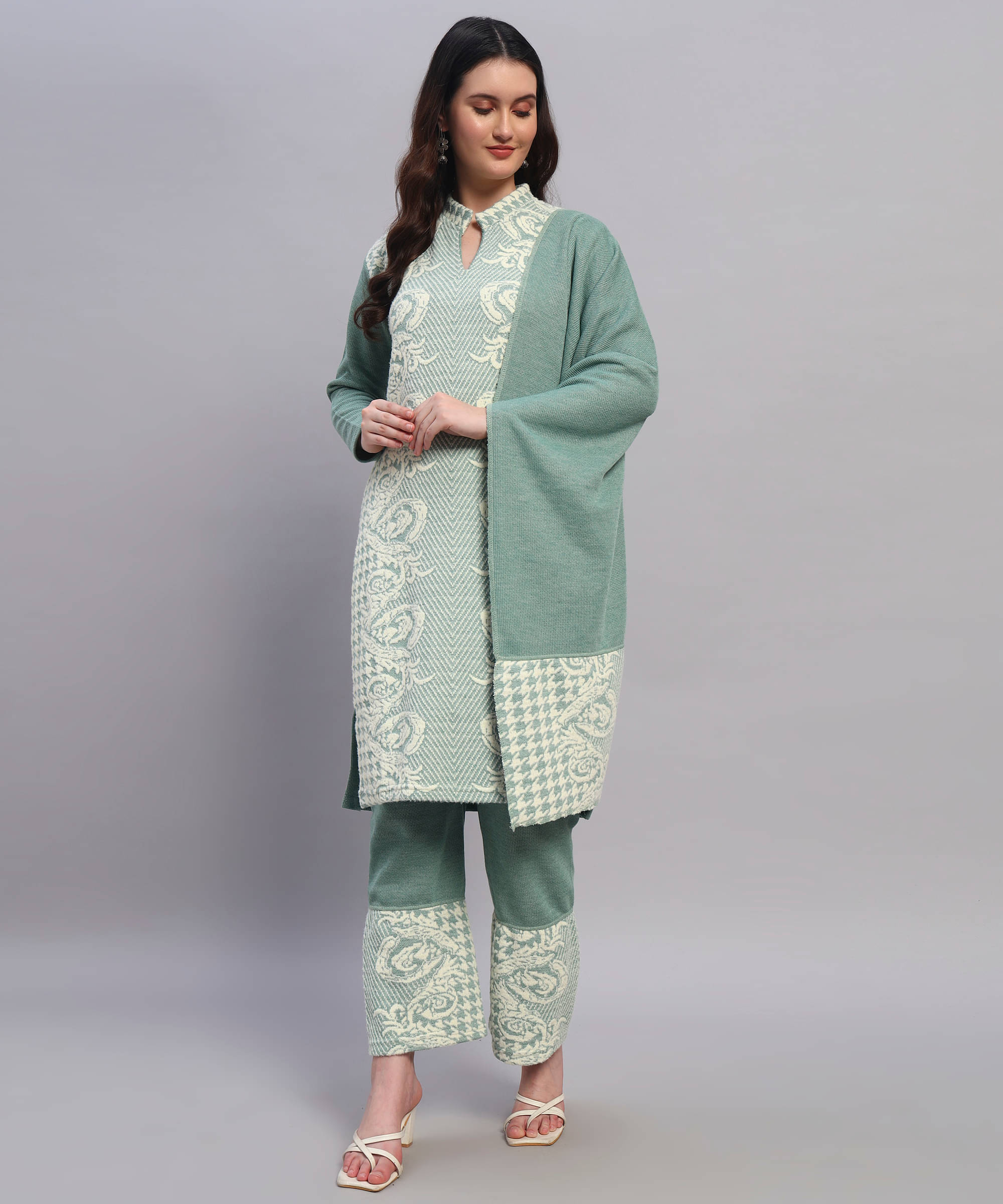     			GRAND MALBORK Women Woollen Printed A-line Kurti With Pants ( Light Green )