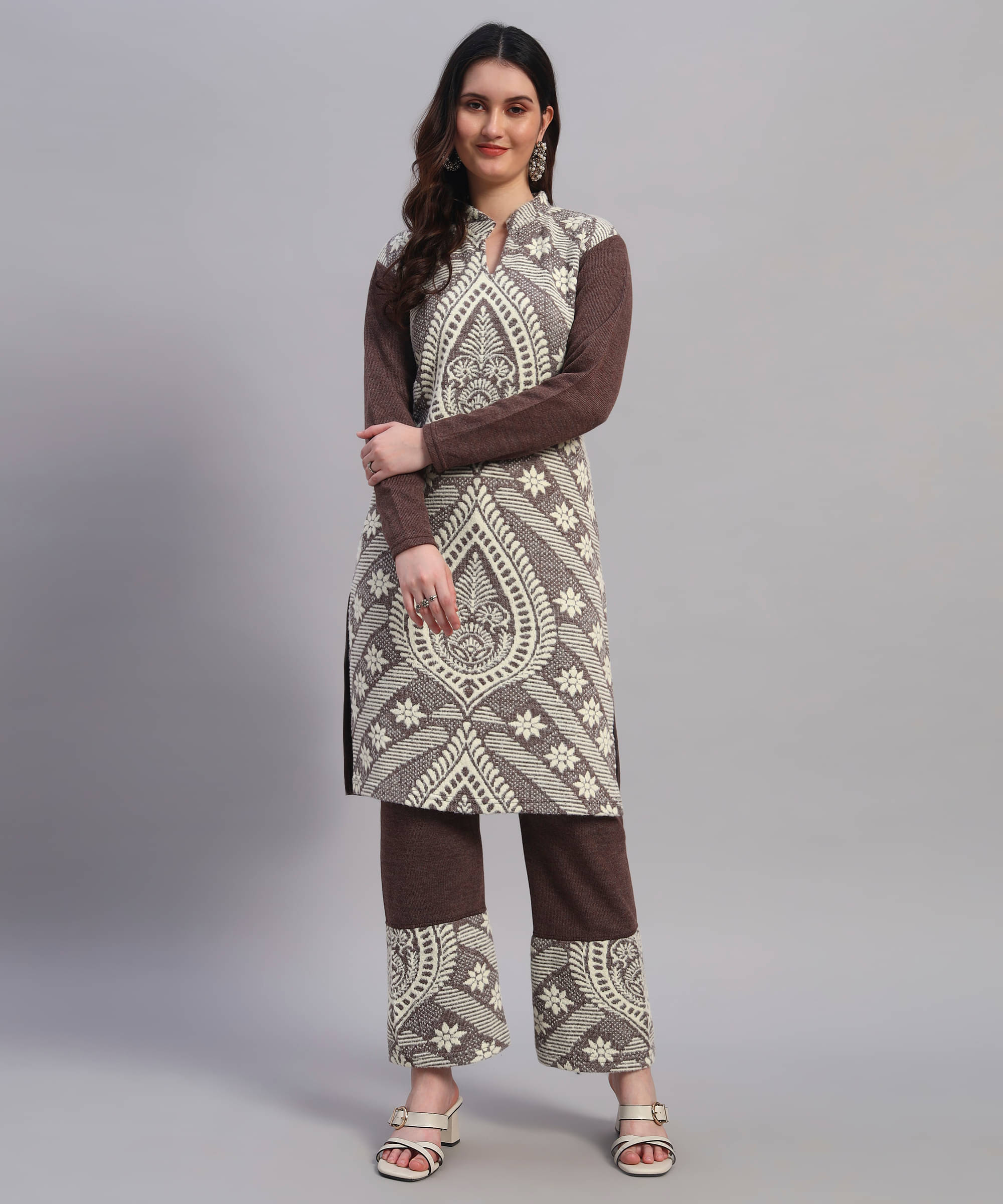     			GRAND MALBORK Women Woollen Printed A-line Kurti With Pants ( Brown )