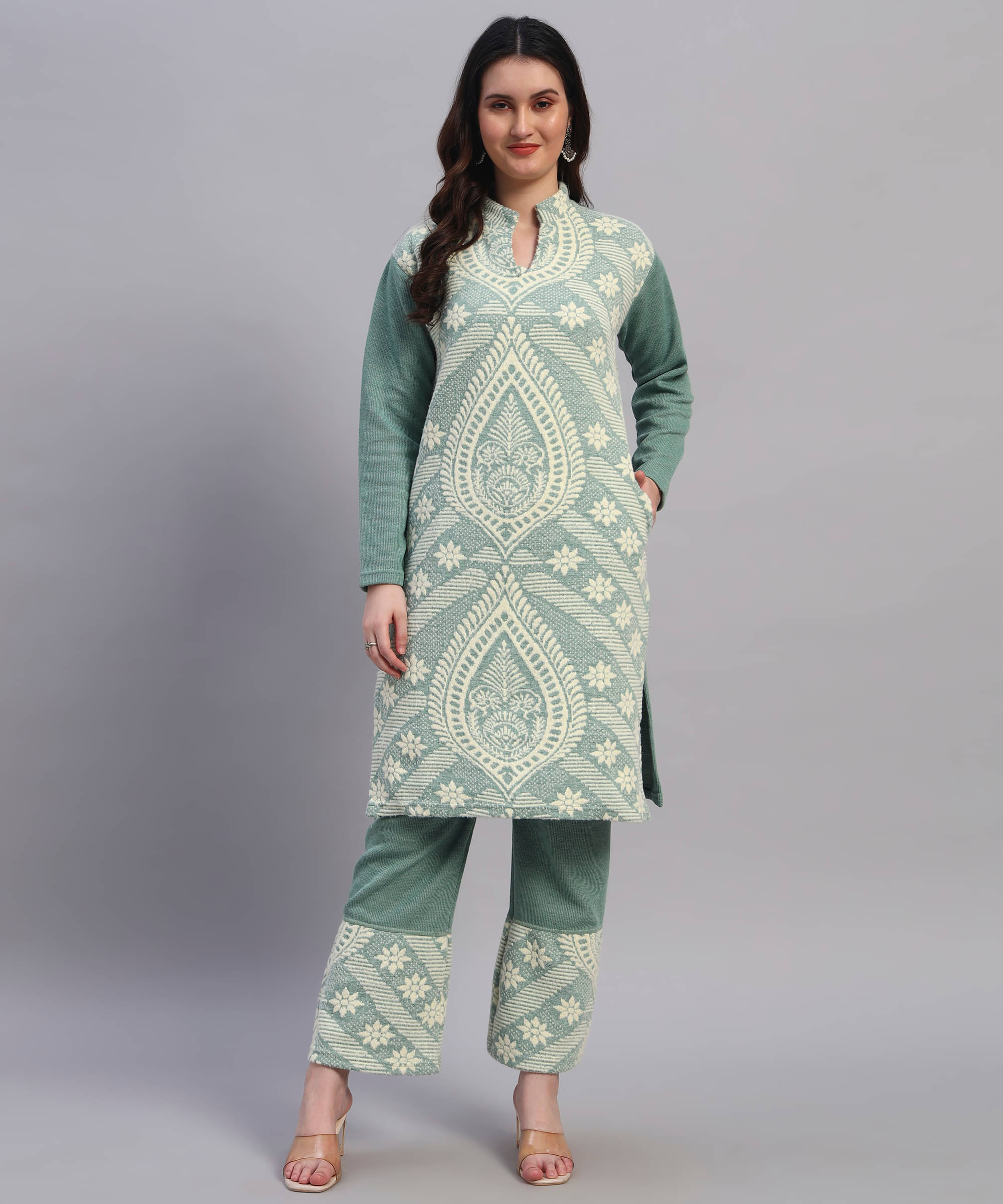     			GRAND MALBORK Women Woollen Printed A-line Kurti With Pants ( Light Green )