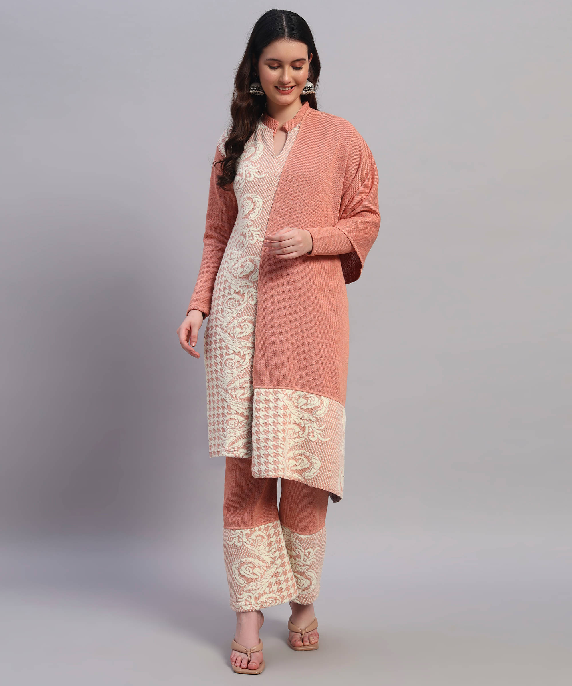 GRAND MALBORK Women Woollen Printed A-line Kurti With Pants ( Pink ) GRAND MALBORK Women Woollen Printed A-line Kurti With Pants ( Pink )