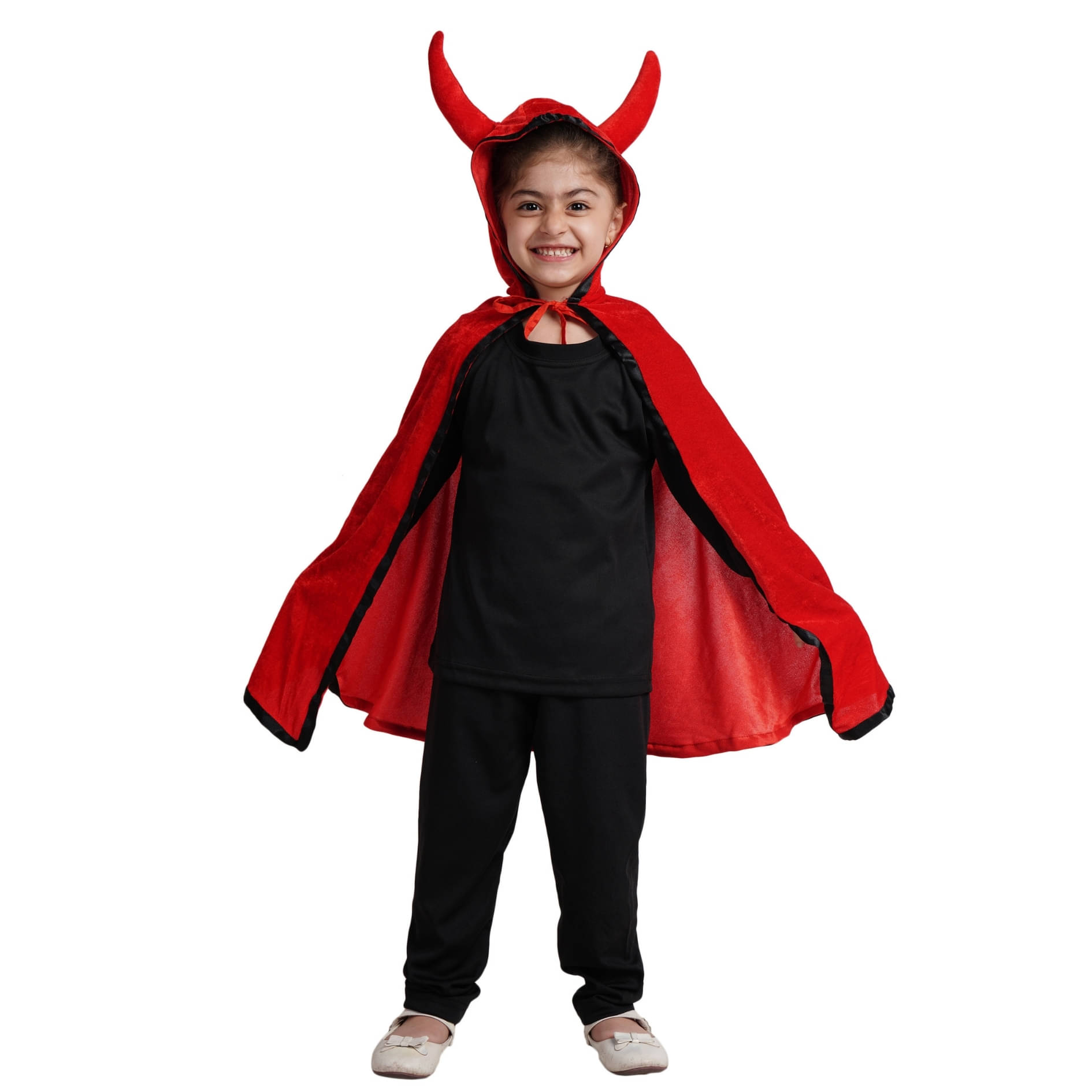     			Kaku Fancy Dresses Red Robe Hooded Cape with Devil Horn and Pumpkin Basket for Halloween Costume for Kids - Red, 5-6 Years