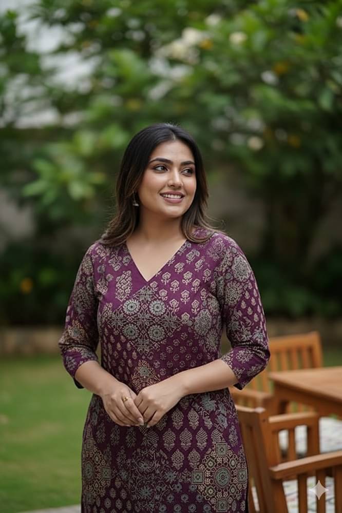     			Rahigomar Women Rayon Printed A-line Kurti With Pants ( Purple )