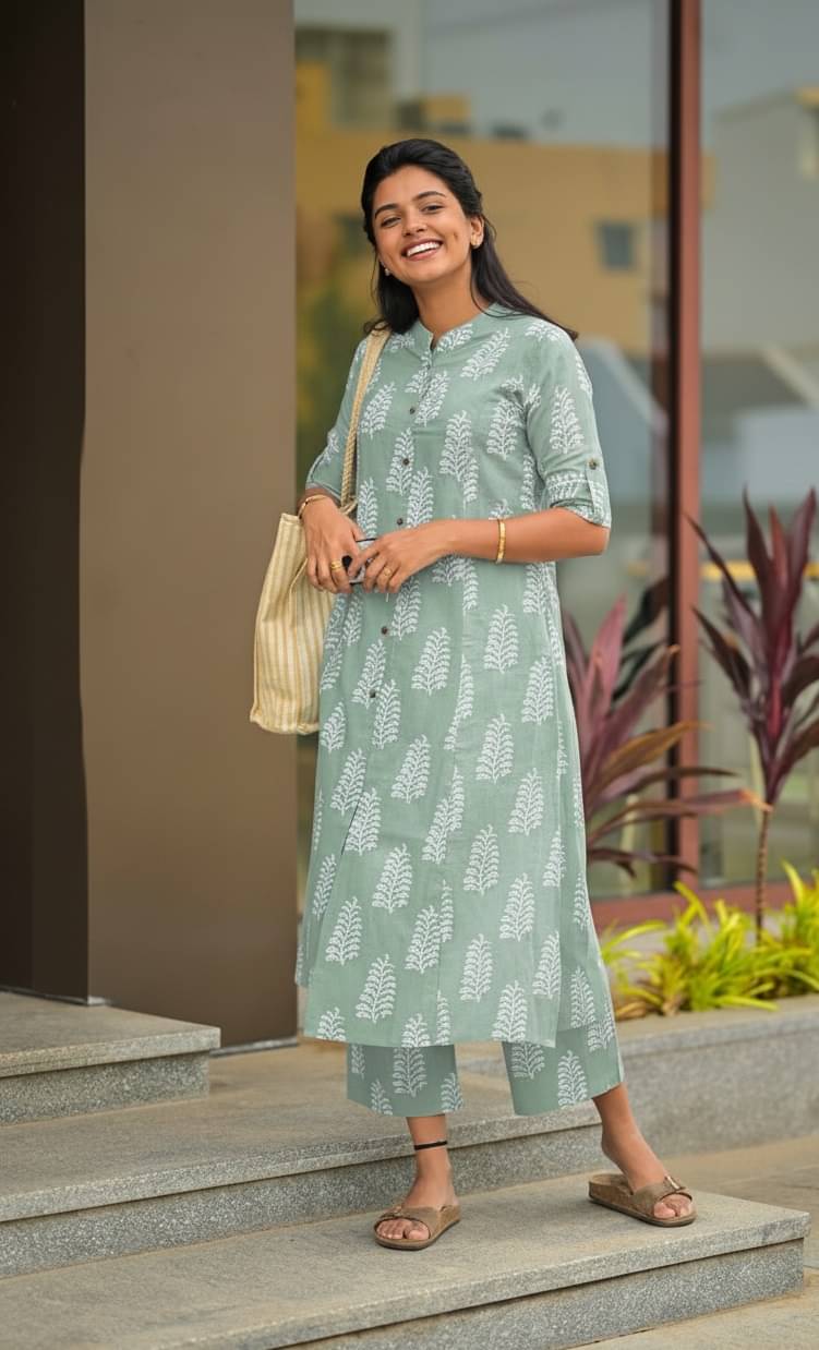     			Rahigomar Women Rayon Printed A-line Kurti With Pants ( Green )