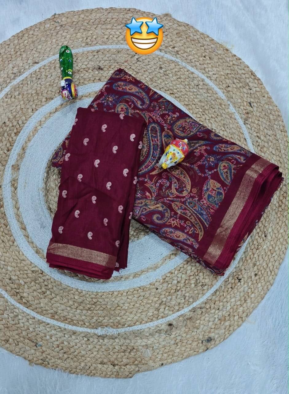     			SHIRODHARI Cotton Blend Printed Sambalpuri Saree With Unstitched Blouse Piece ( Maroon )