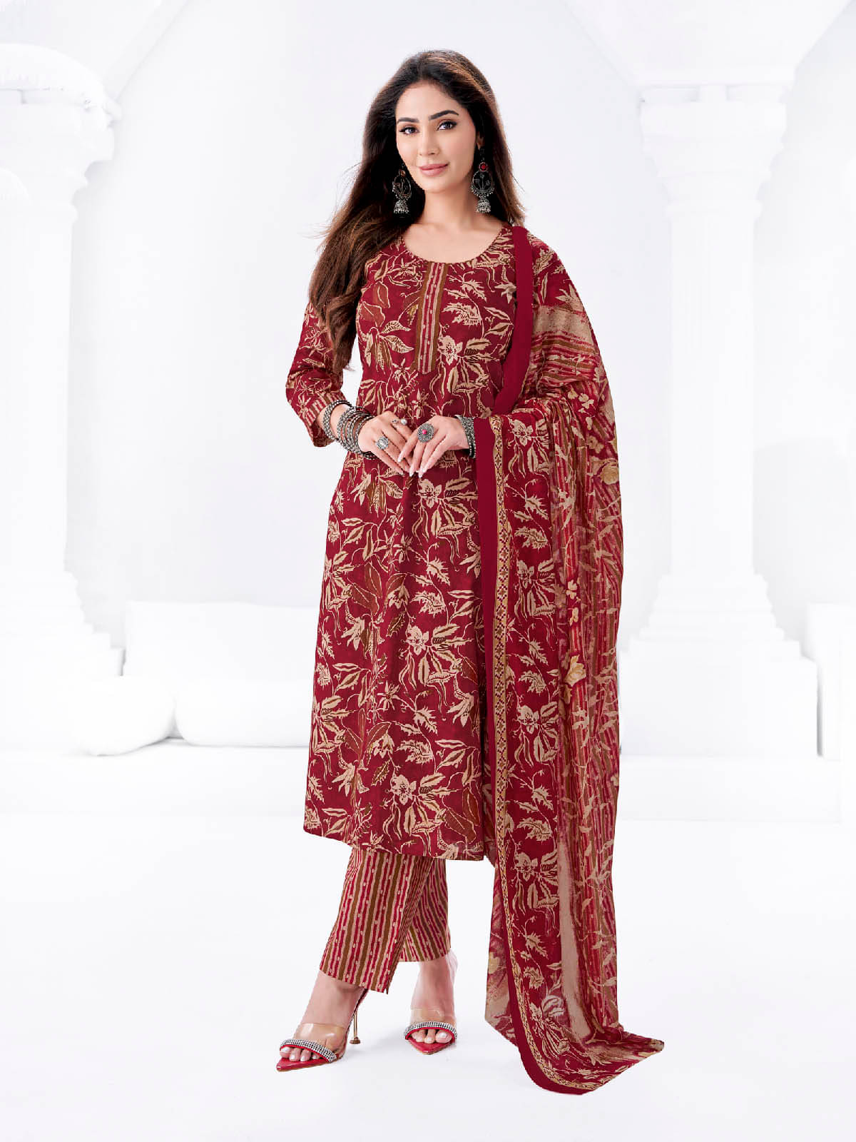     			SIMMU Women Cotton Printed A-line Kurti With Pants ( Maroon )