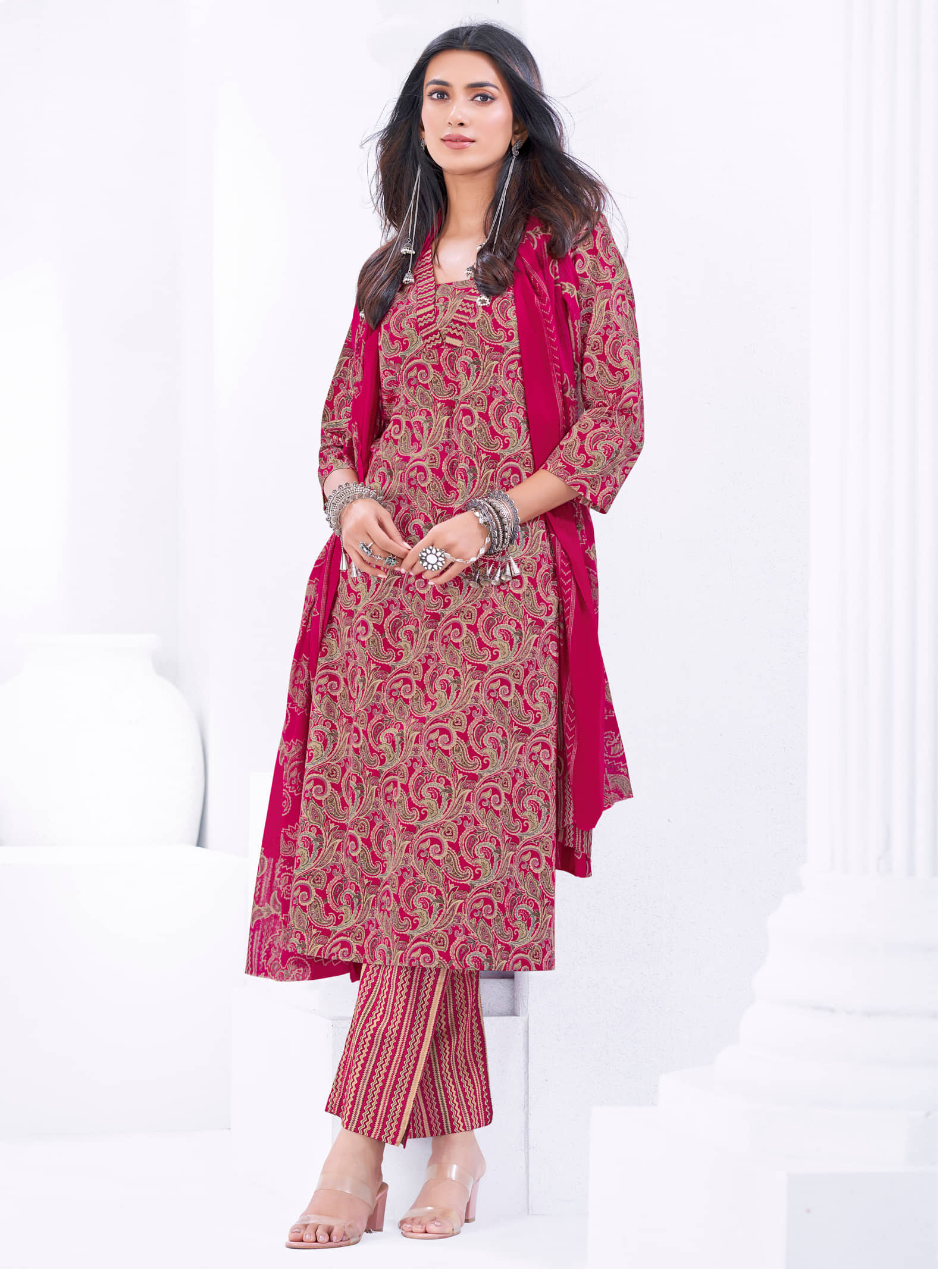 shree jeenmata collection Women Cotton Printed A-line Kurti With Pants ( Pink )