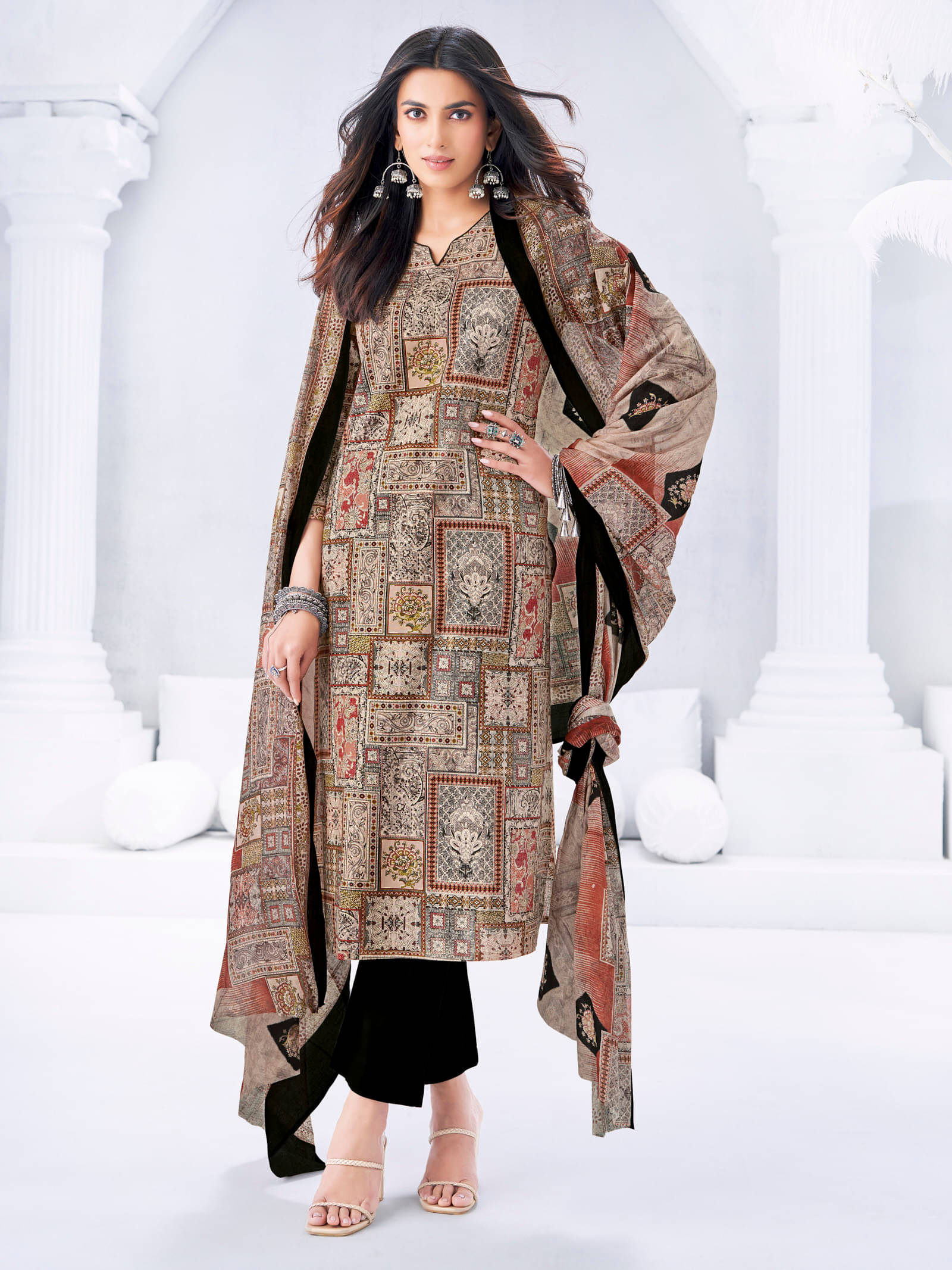     			shree jeenmata collection Women Cotton Printed A-line Kurti With Pants ( Beige )