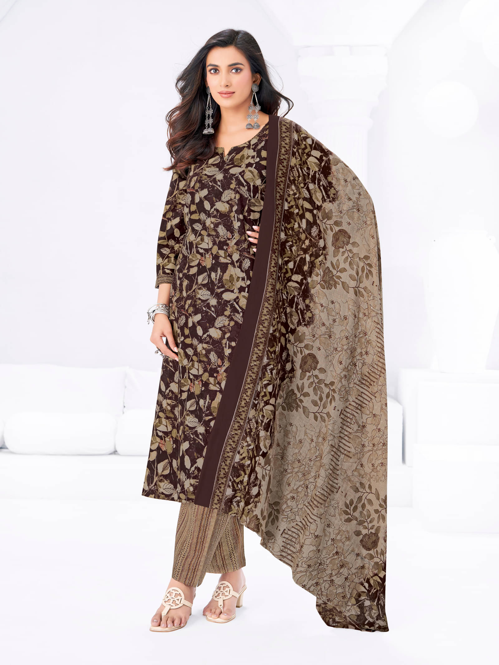     			shree jeenmata collection Women Cotton Printed A-line Kurti With Pants ( Brown )