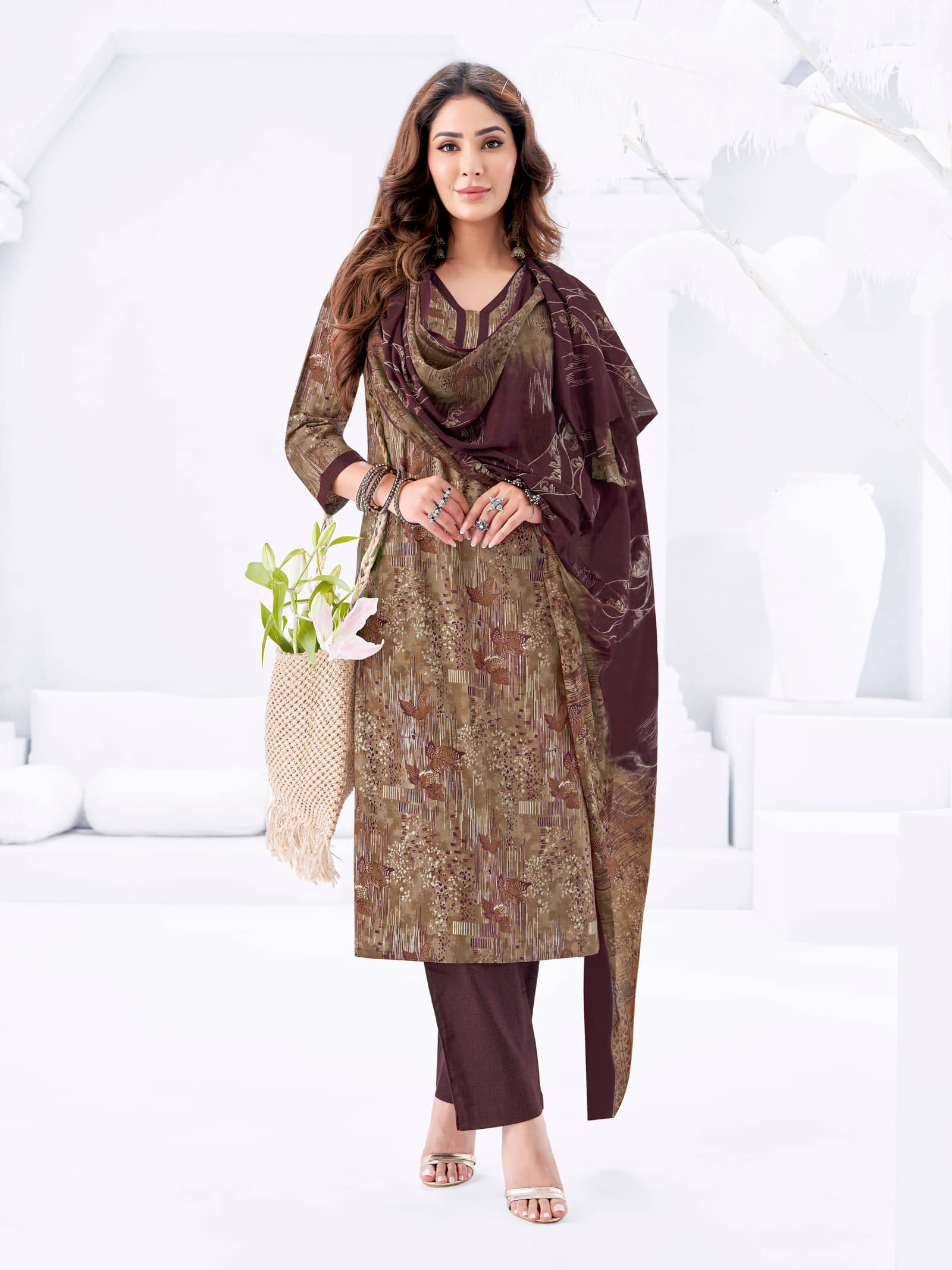 shree jeenmata collection Women Cotton Printed A-line Kurti With Pants ( Beige )