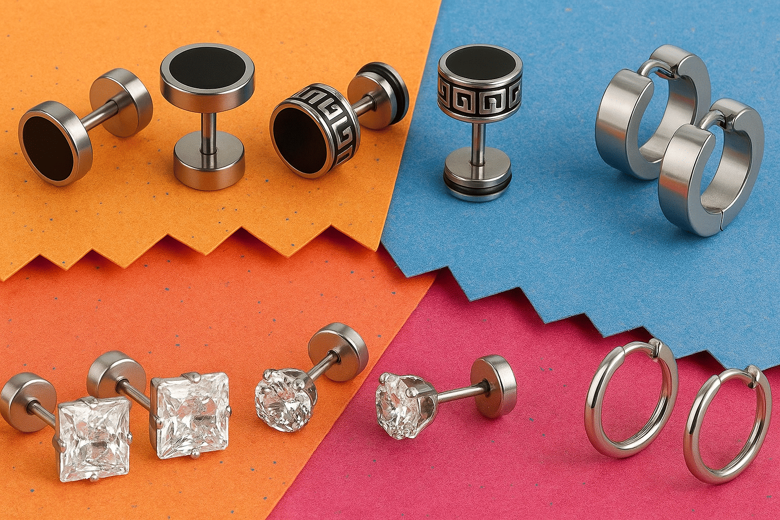 6-Pair Stainless Steel Men's Earring Set – Studs & Hoops with Black and Crystal Accents - Earrings | Buy online on ZillyBuy