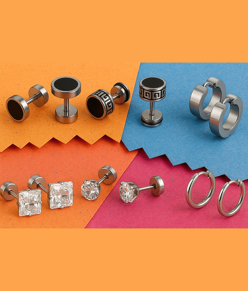 6-Pair Stainless Steel Men's Earring Set – Studs & Hoops with Black and Crystal Accents - Earrings | Buy online on ZillyBuy
