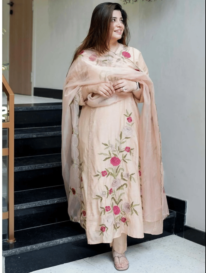     			Bhakti Creation Women Chanderi Silk Embroidered A-line Kurti With Pants ( Cream )