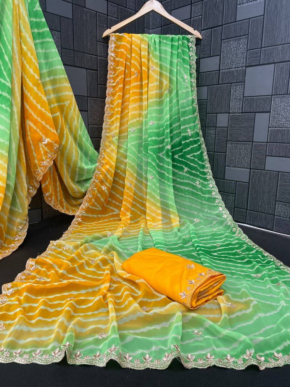 GENRIC 01 Georgette Embroidered Leheriya Saree With Unstitched Blouse Piece ( Yellow,Green ) GENRIC 01 Georgette Embroidered Leheriya Saree With Unstitched Blouse Piece ( Yellow,Green )