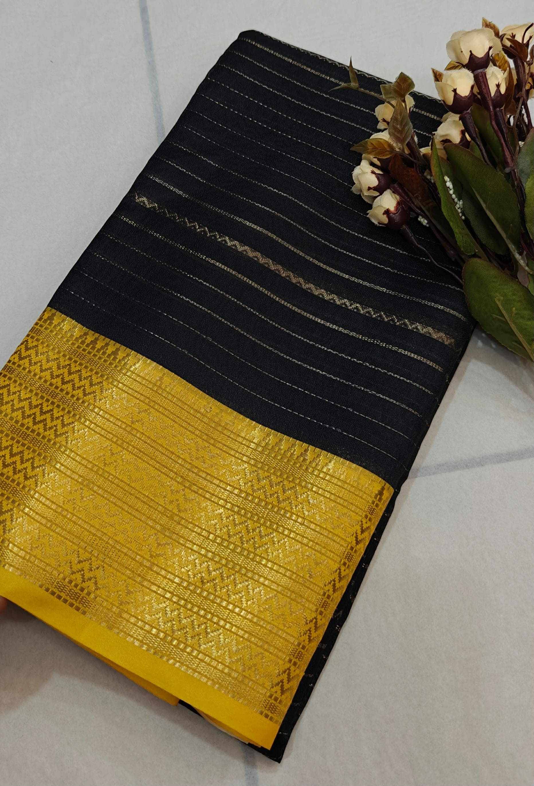 LAXMI SILK MILLS Crepe Woven Design Mysore Silk Sarees With Unstitched Blouse Piece ( Black ) LAXMI SILK MILLS Crepe Woven Design Mysore Silk Sarees With Unstitched Blouse Piece ( Black )