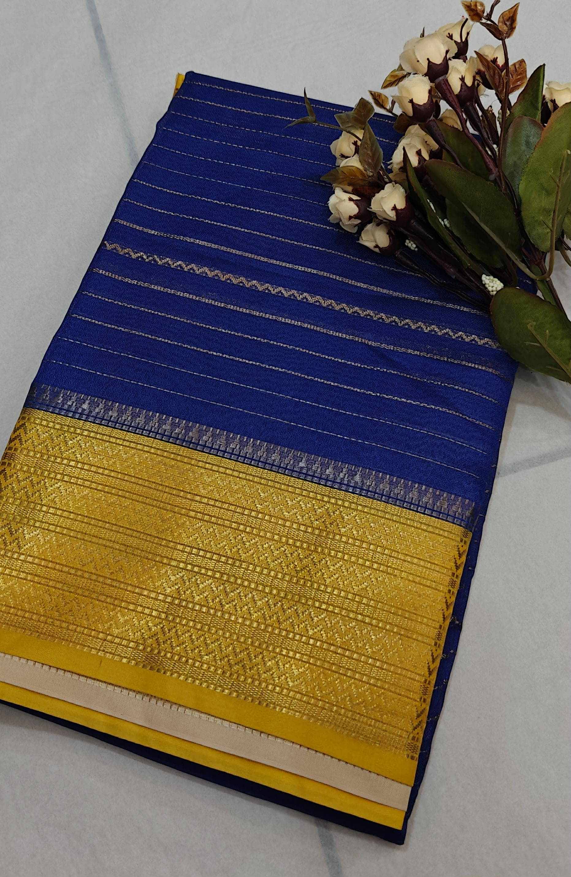 LAXMI SILK MILLS Crepe Woven Design Mysore Silk Sarees With Unstitched Blouse Piece ( Blue ) LAXMI SILK MILLS Crepe Woven Design Mysore Silk Sarees With Unstitched Blouse Piece ( Blue )
