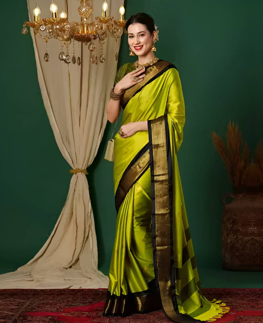 LAXMI SILK MILLS Silk Woven Design Paithani Sarees With Unstitched Blouse Piece ( Lime Green ) LAXMI SILK MILLS Silk Woven Design Paithani Sarees With Unstitched Blouse Piece ( Lime Green )