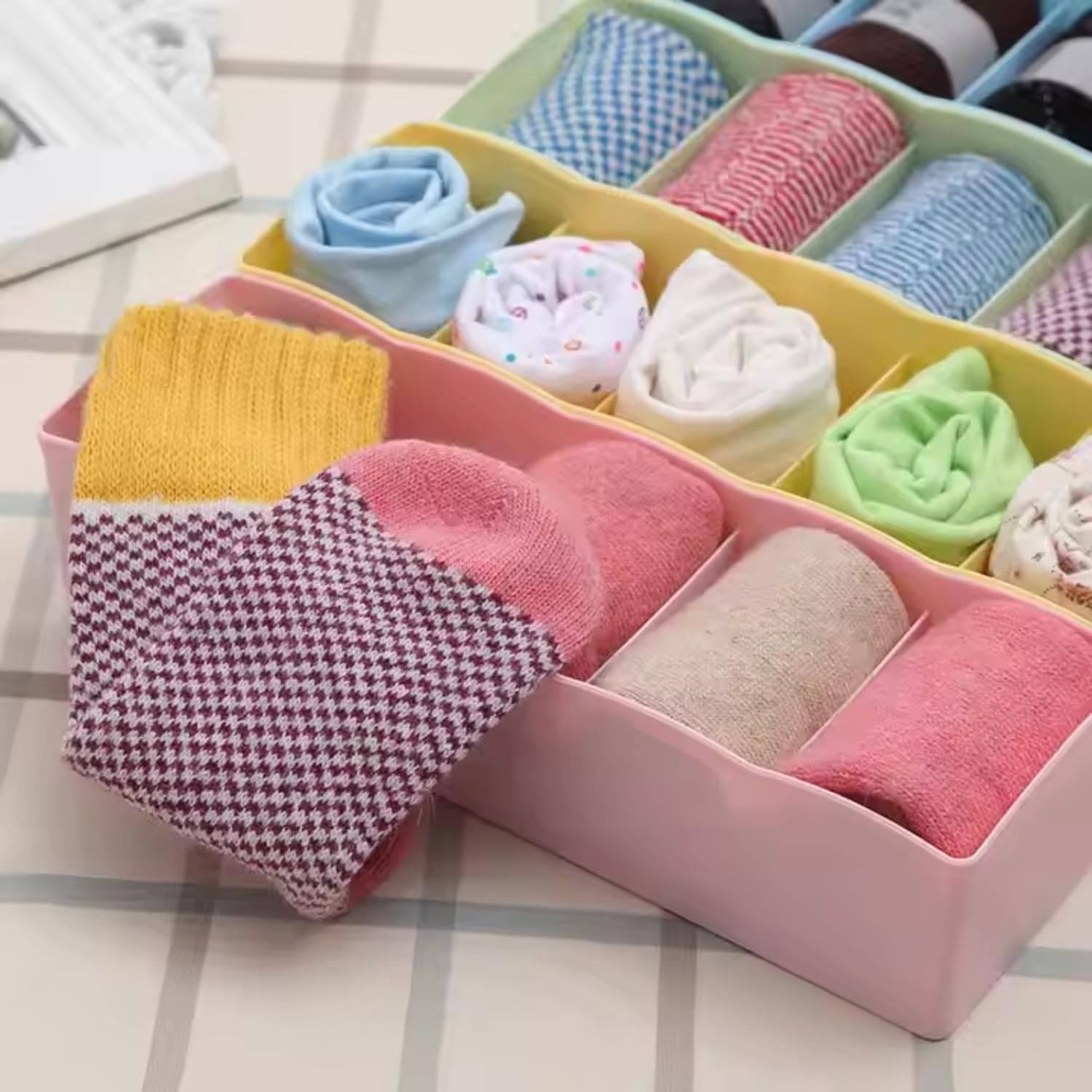 Multipurpose Plastic 5 Grid Socks Storage Organizer Holder || Set of 9 Pcs || (Assorted Color) Multipurpose Plastic 5 Grid Socks Storage Organizer Holder || Set of 9 Pcs || (Assorted Color)