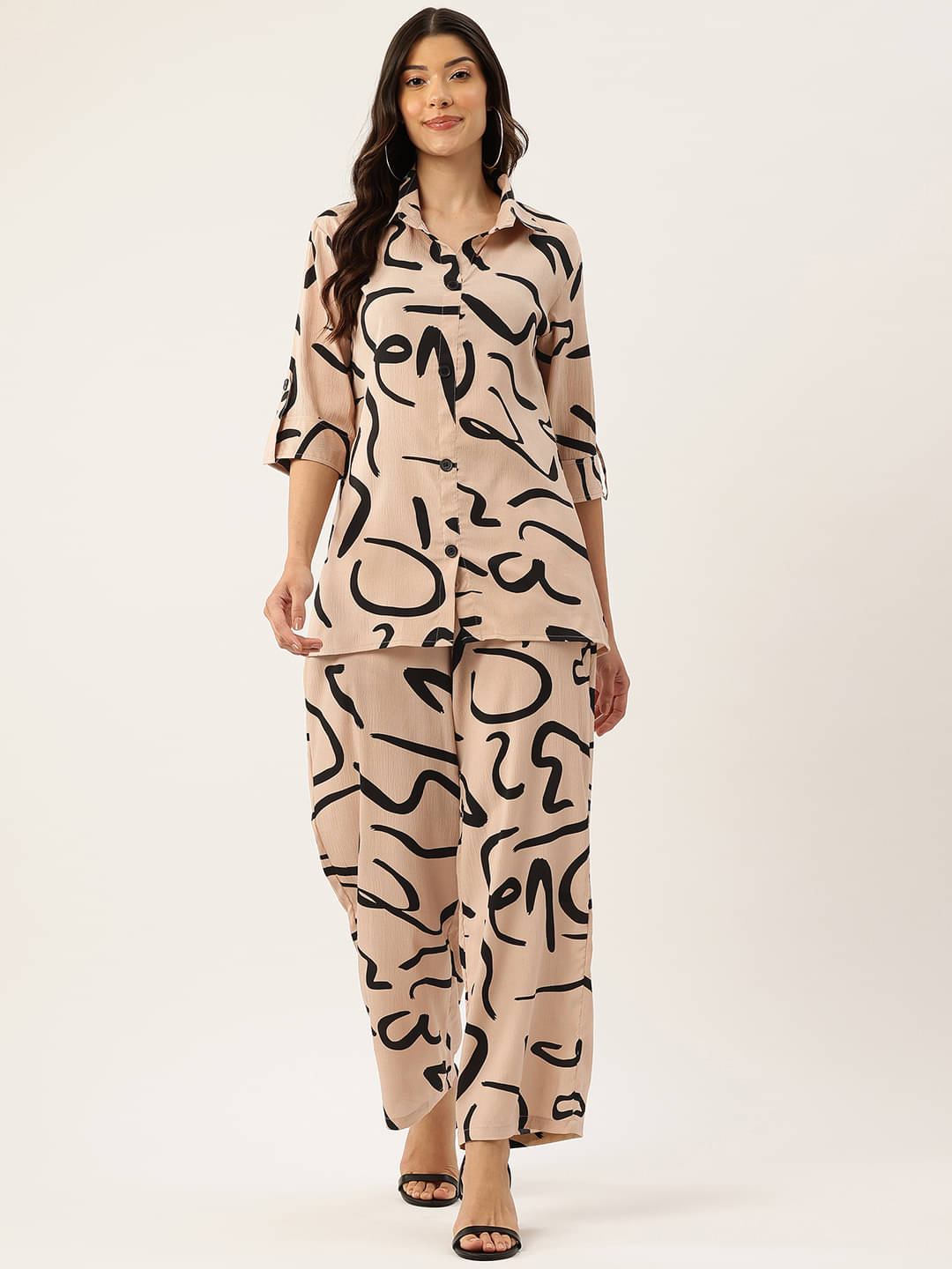     			Sleek  Italia Women Printed Shirt With Trousers Co-Ord Set ( Beige )