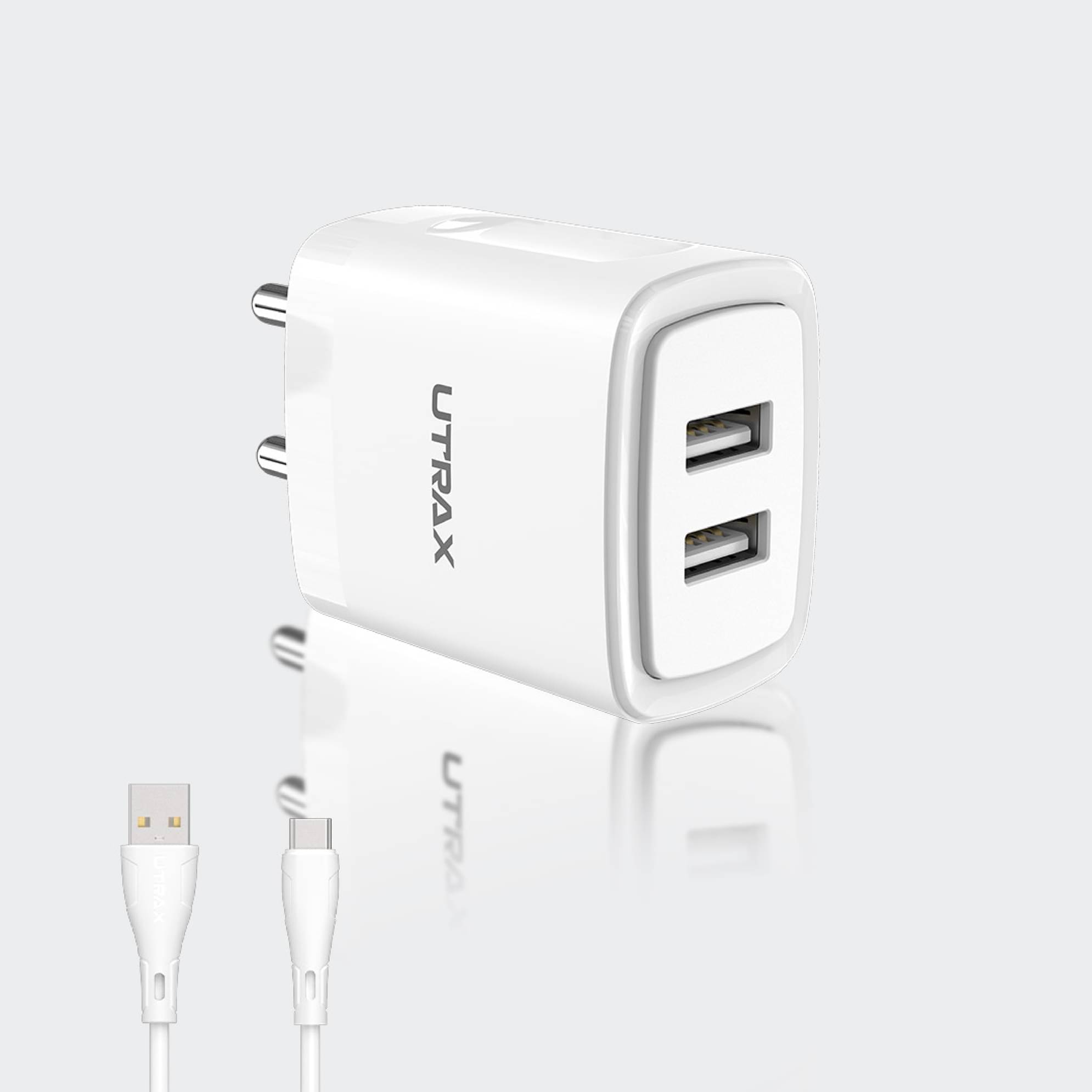     			UTRAX 12 W Adaptive Charging 3 A Dual Port Mobile Charger with Detachable Cable  (White, Cable Included)