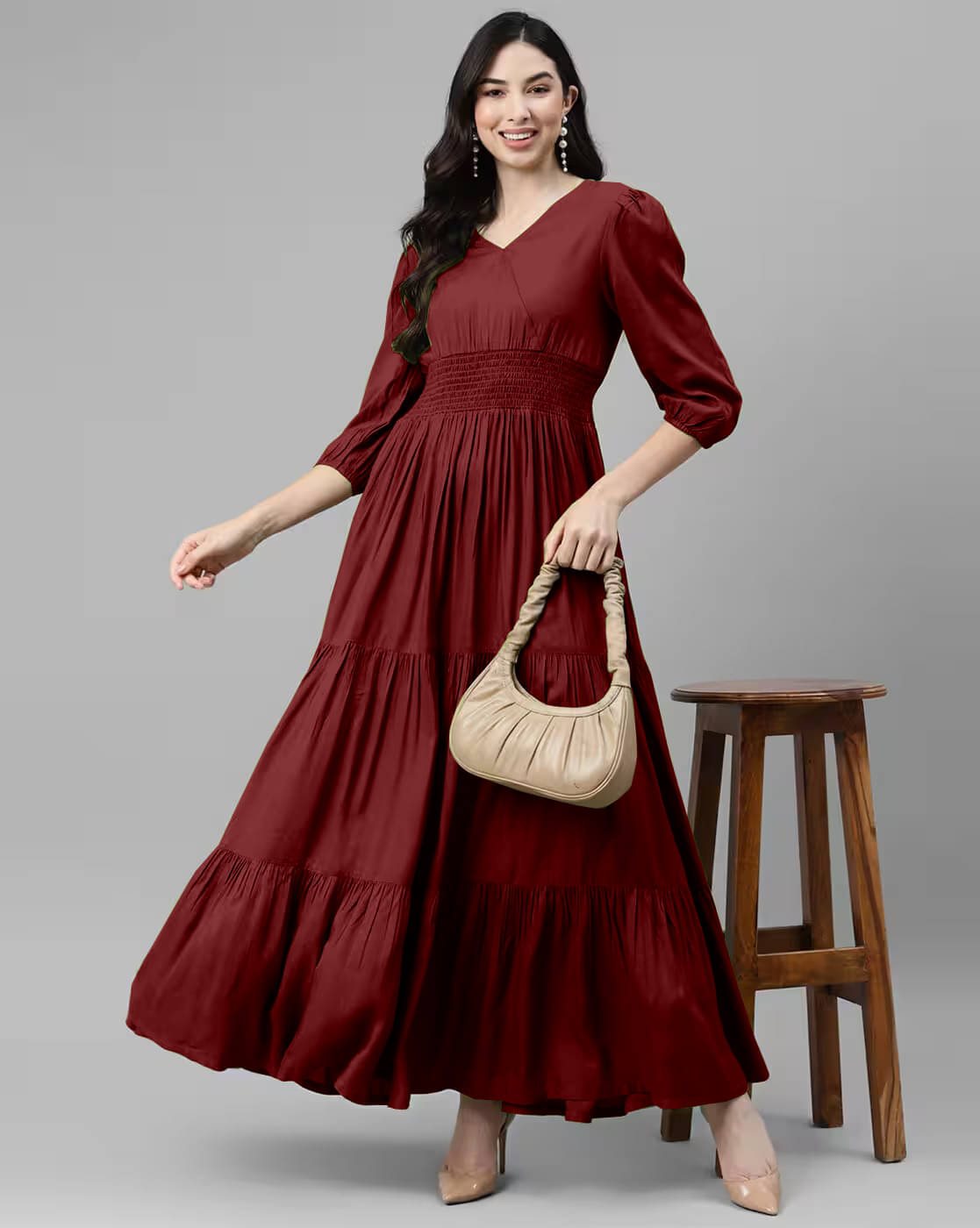     			VRJAY Women Crepe Dyed Fit & Flare Dress ( Maroon )