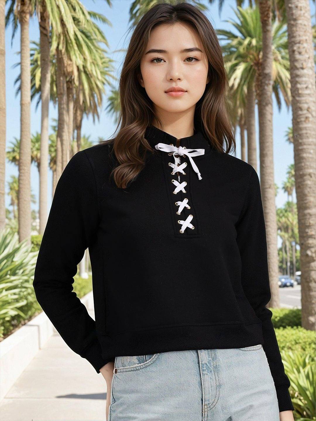     			kotty Women Fleece High Neck Sweatshirt For Light Winters ( Black )