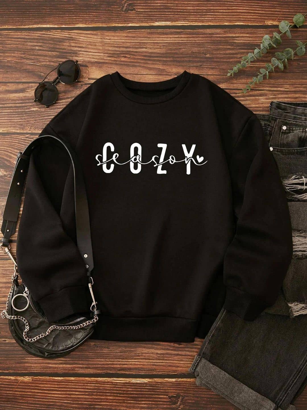 kotty Women Fleece Round Neck Sweatshirt For Light Winters ( Black )
