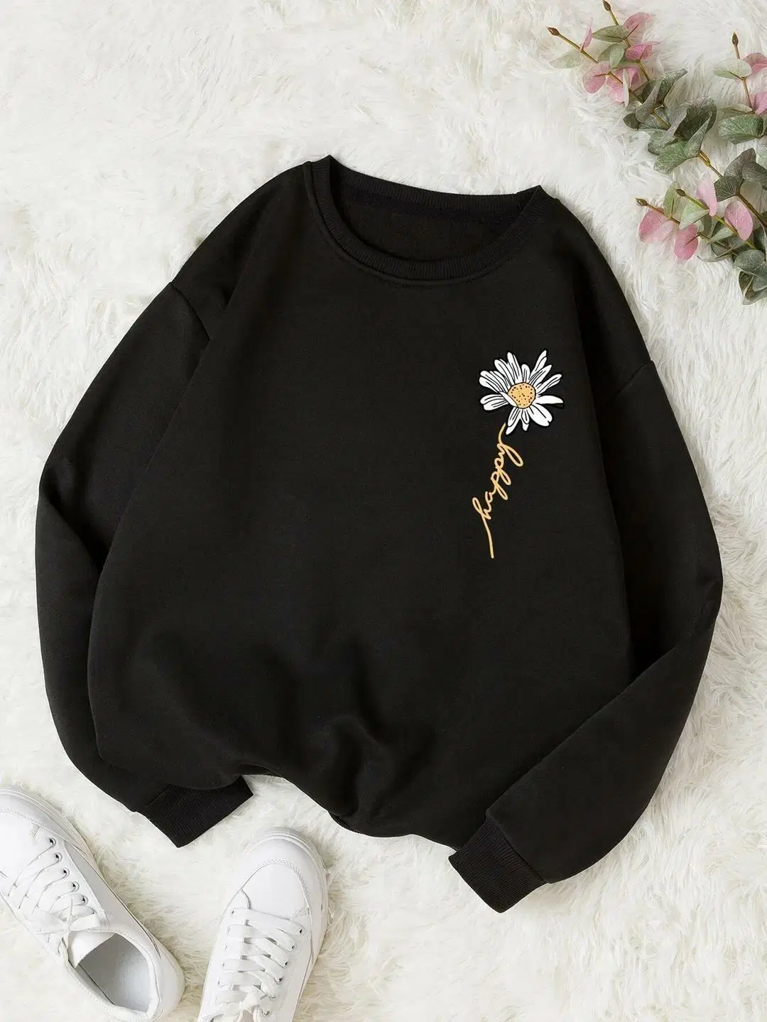 kotty Women Fleece Round Neck Sweatshirt For Light Winters ( Black )