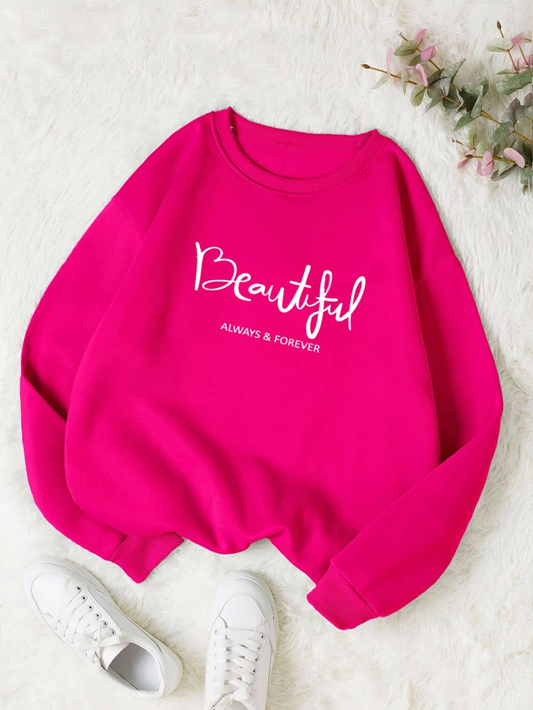 kotty Women Fleece Round Neck Sweatshirt For Light Winters ( Pink )